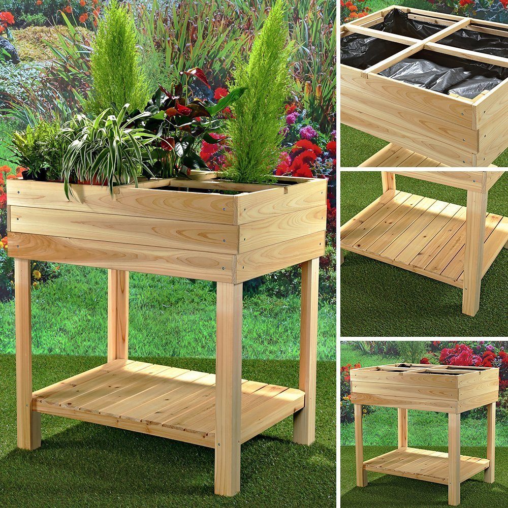 Melko Hochbeet Gartenbeet Hochbeet mit 4 Fächer aus Holz für Indoor & Outdoor 80x60x80 cm Blumenständer Pflanzkasten Pflanztisch Gemüsebeet Gärtnertisch (Stück), Mit Ablage