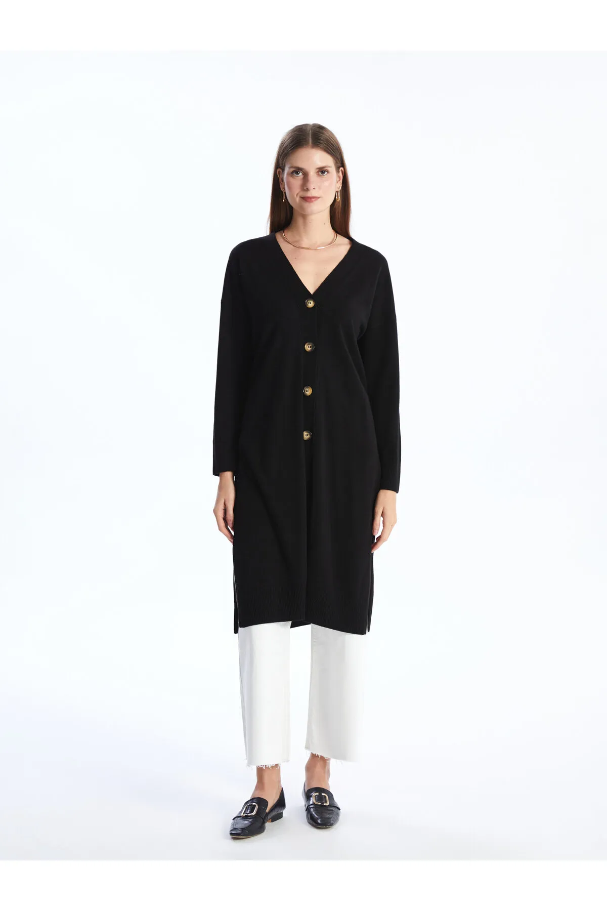 LC Waikiki  Einfarbige, langärmlige Damen-Strickjacke mit V-Ausschnitt