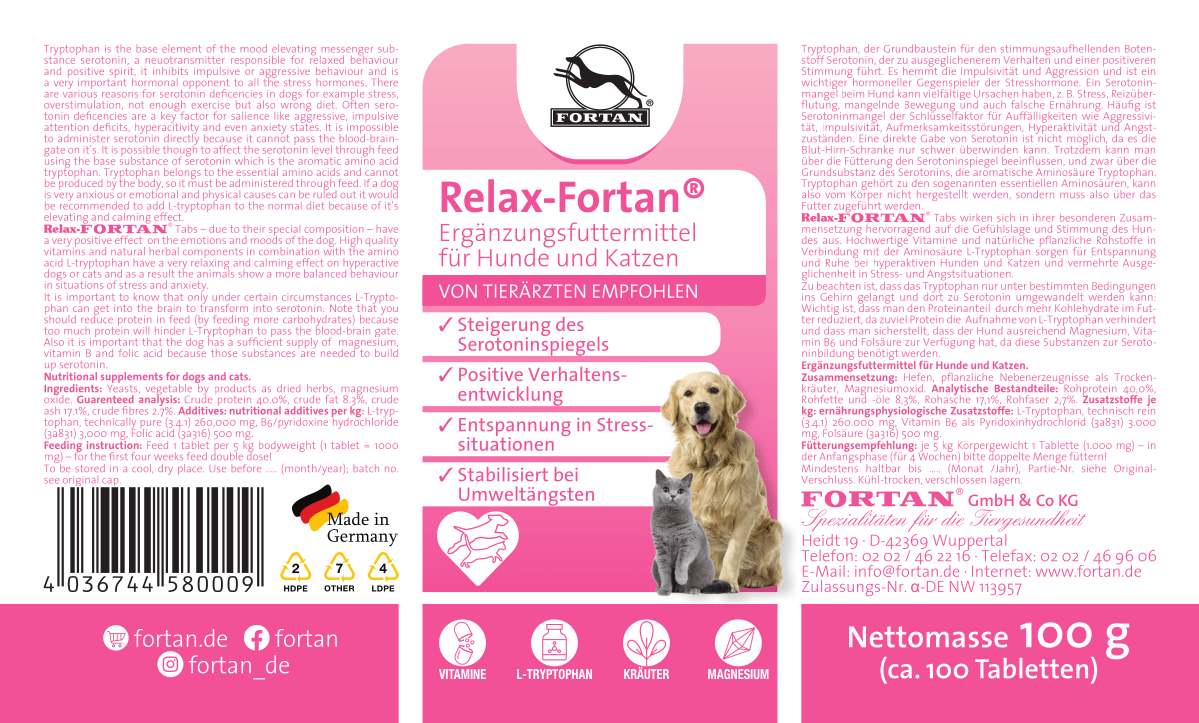 Fortan Ergänzungsfutter & Aufzucht Fortan Relax-Fortan Tabletten mit L-Tryptophan 100 g