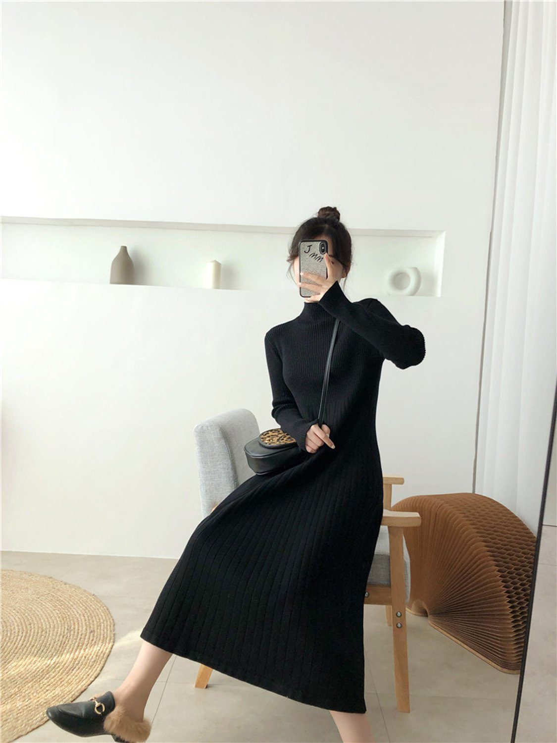 aikidio Stillkleid Strickkleid in A-Linie mit halbem Rollkragen