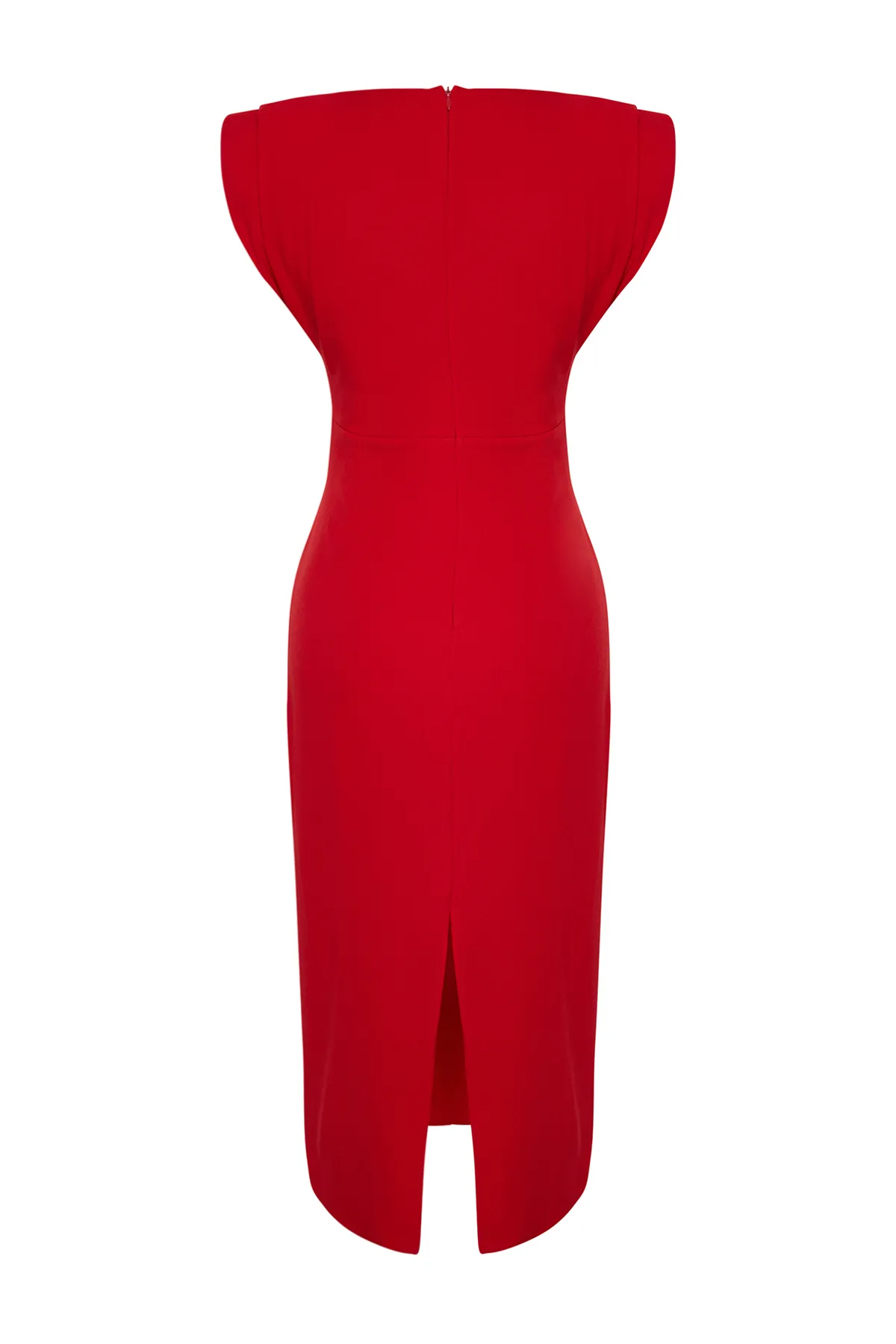 Trendyol Collection  Rotes, figurbetontes, gewebtes, stilvolles Abendkleid mit Degaje-Kragen TPRSS24EL00156