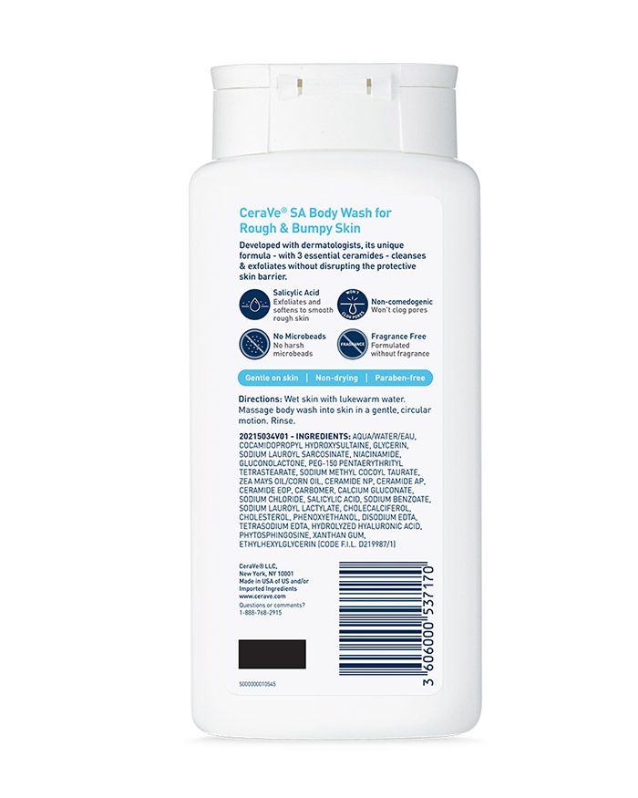 Gel douche à l'acide salicylique pour peaux rugueuses et granuleuses. Exfolie la peau.