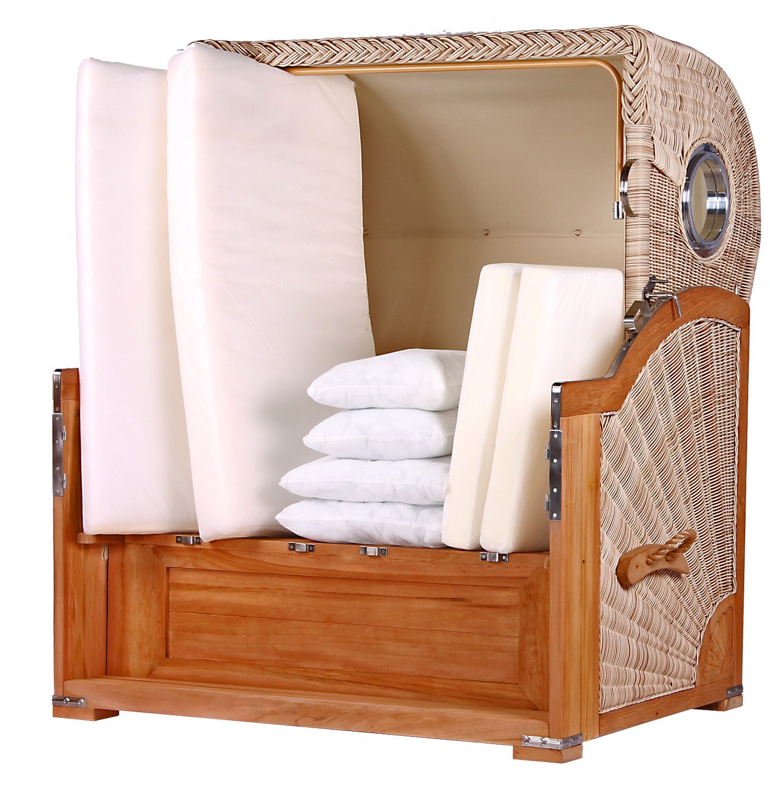bene living Strandkorb Königssee 2,5-Sitzer Teak - PE shell - Modell 500, BxTxH: 142x95x170 cm, Volllieger ca. 175 Grad, Ostsee-Strandkorb, inkl. Liftersystem und Bullaugen