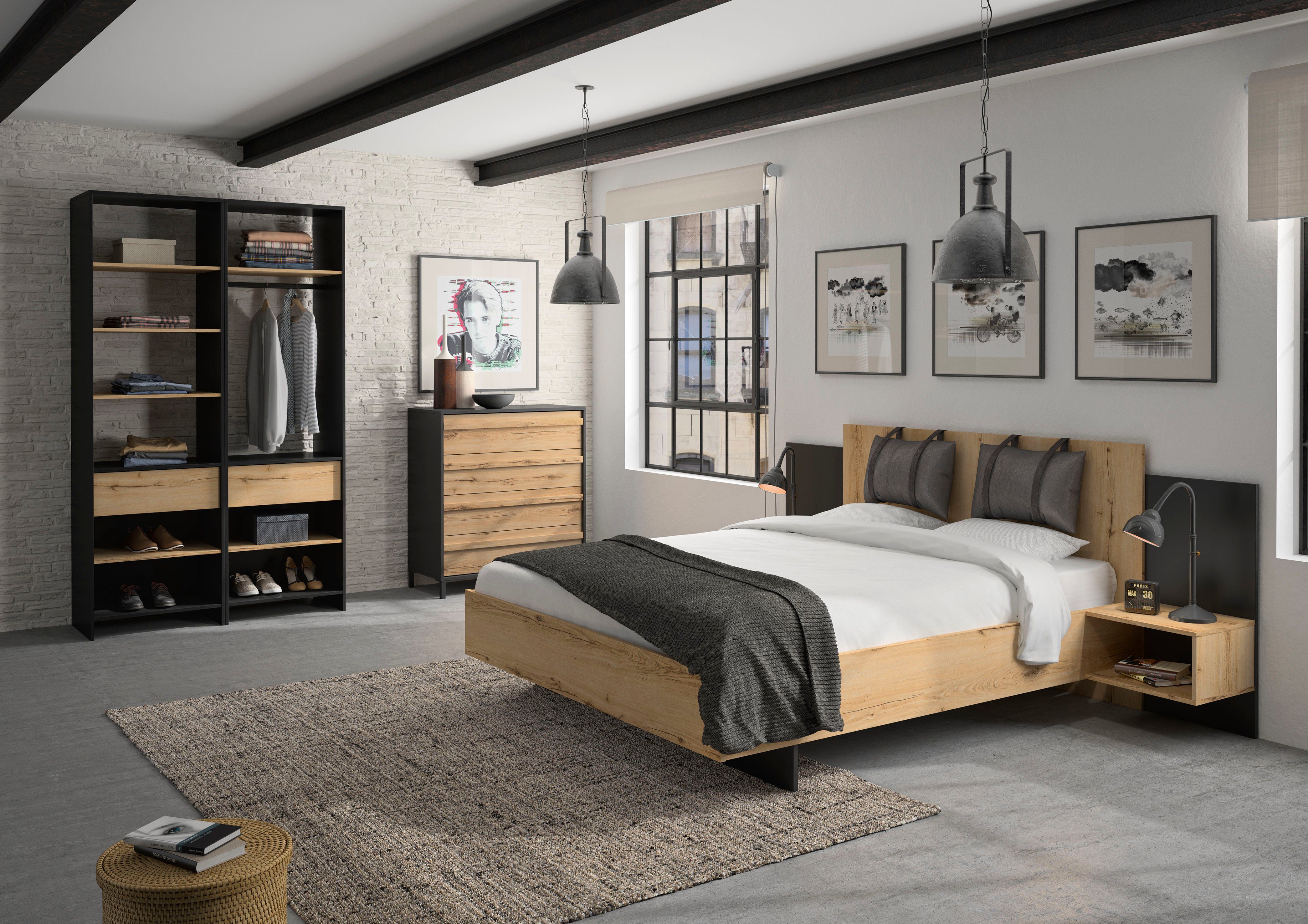 Gami Schlafzimmer-Set Mimizan, (6-St., Bett, 2 Kissen und inkl. 2x Nachttische, 1x Kleiderschrank, 1x Kommode)
