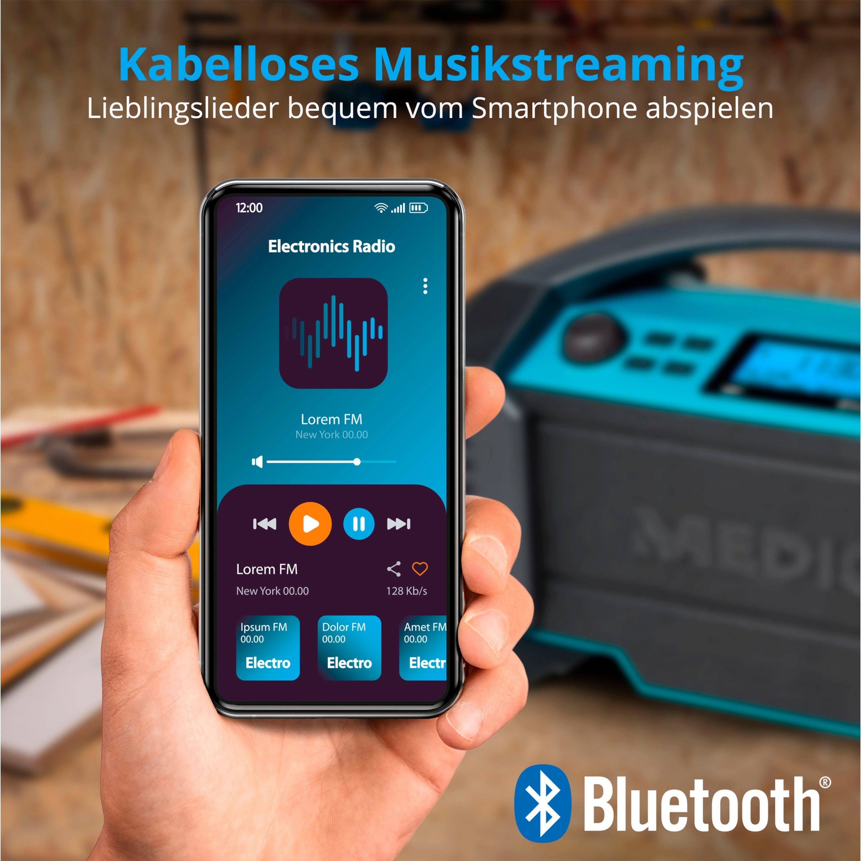 Medion® E66050 DAB+/PLL Bluetooth 5.0 Li-Ion Akku 15W RMS blau Baustellenradio (AM/FM, DAB+, MW/UKW, 15 W, MD43320)