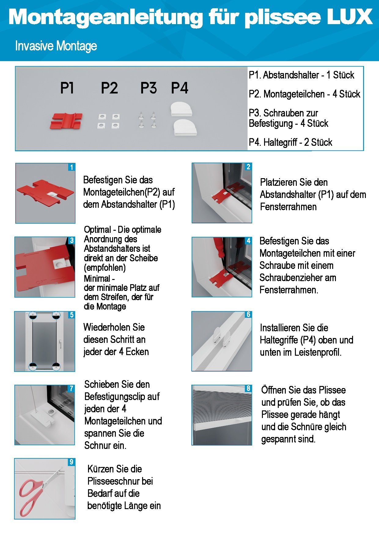 Plissee nach Maß ZUM BOHREN - MONTAGE IN GLASLEISTE - 13 FARBEN - FALTROLLO, KS Handel 24