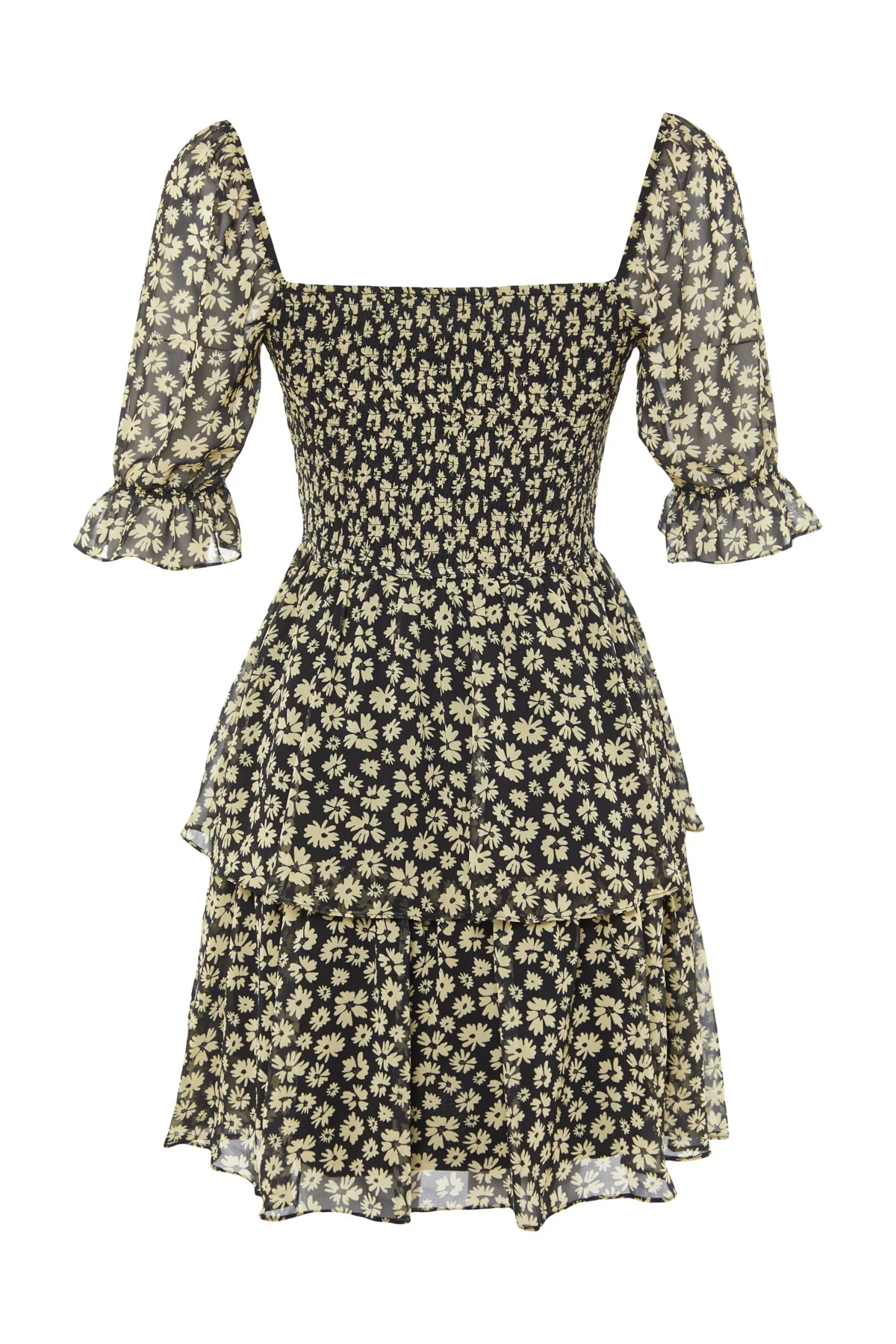 Trendyol Collection  Schwarzes, gewebtes Minikleid mit Blumenrock, Volant und Chiffonfutter TWOSS22EL2772