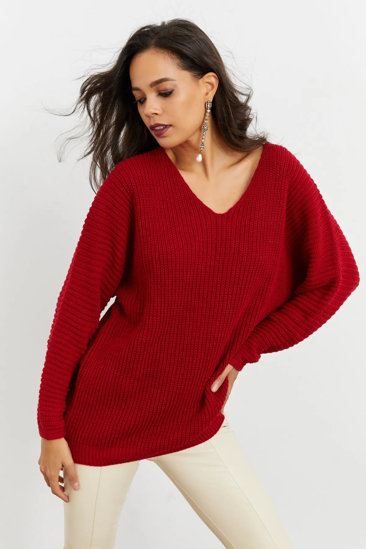 Cool & Sexy  Burgunderrote Damen-Stricktunika mit V-Ausschnitt, lockere Passform, SMT158