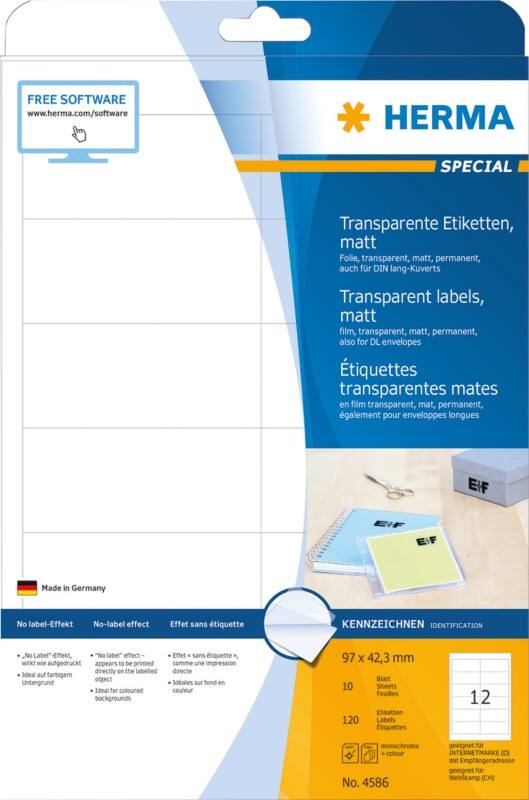 HERMA Transparente Etiketten 4586 Rechteckig DIN A4 97 x 42,3 mm 10 Blatt à 12 Etiketten