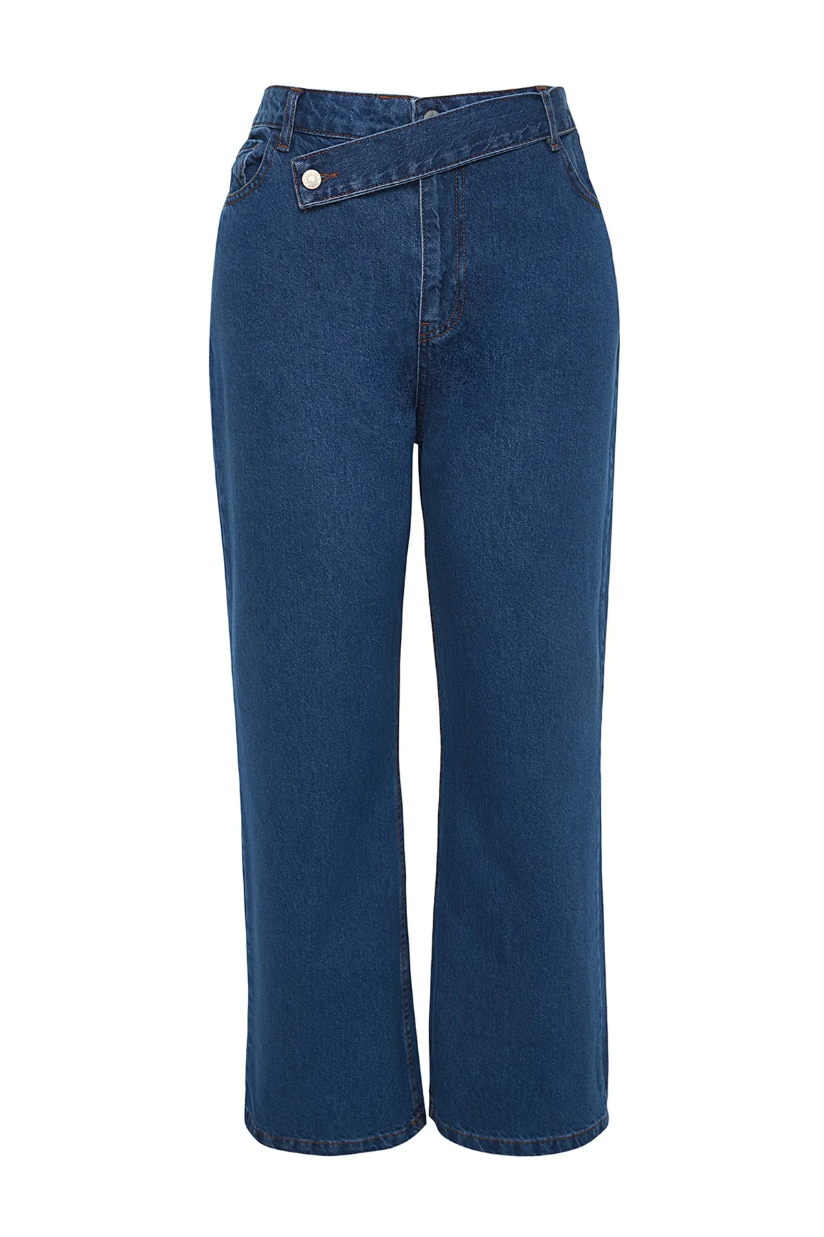 Trendyol Curve  Dunkelblaue Jeans mit geradem Schnitt und detaillierter Taille TBBAW24CJ00003