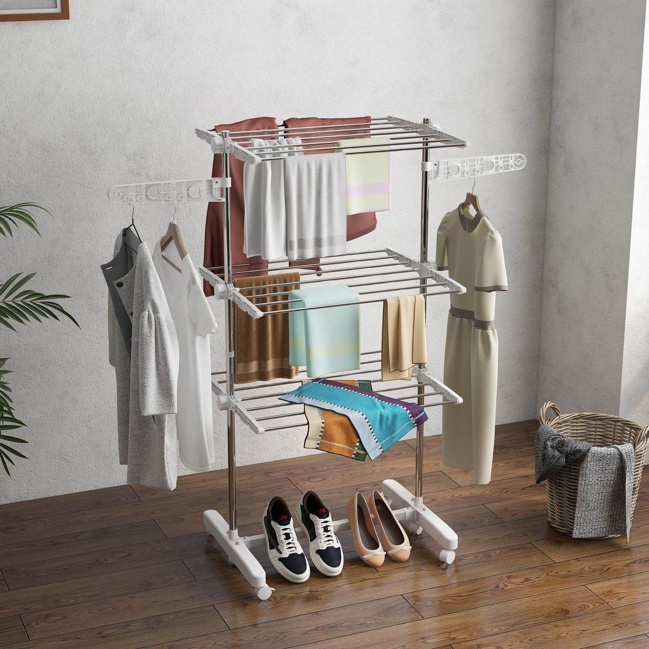 HOMCOM Mobiler Wäscheständer Wäschetrockner Kleiderständer 3 Ebenen klappbar Rolle 80-142 x 55 x 152 cm