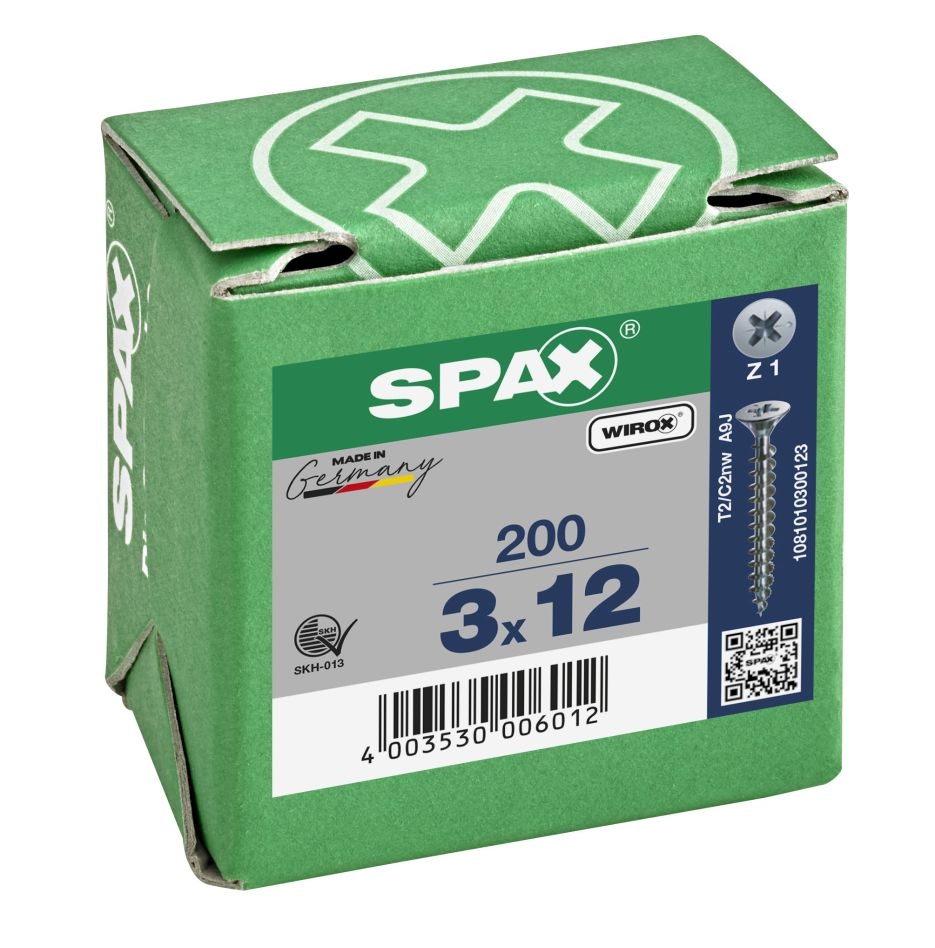 SPAX 1081010300123 Universalschraube 3 x 12 mm, Vollgewinde, Senkkopf, Kreuzschlitz Z1 – 200 Stück