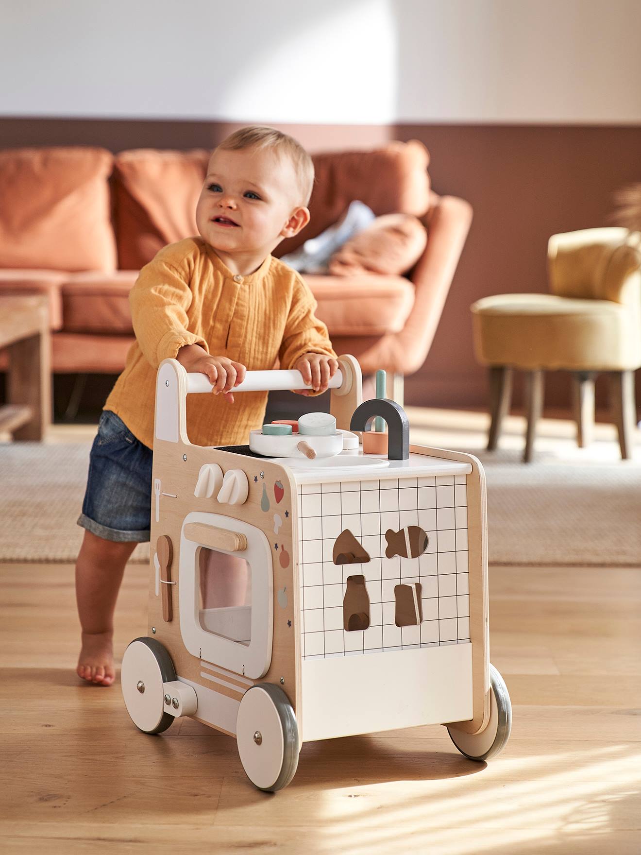 Vertbaudet 3-in-1-Lauflernwagen mit Spielküche FSC - natur/weiß