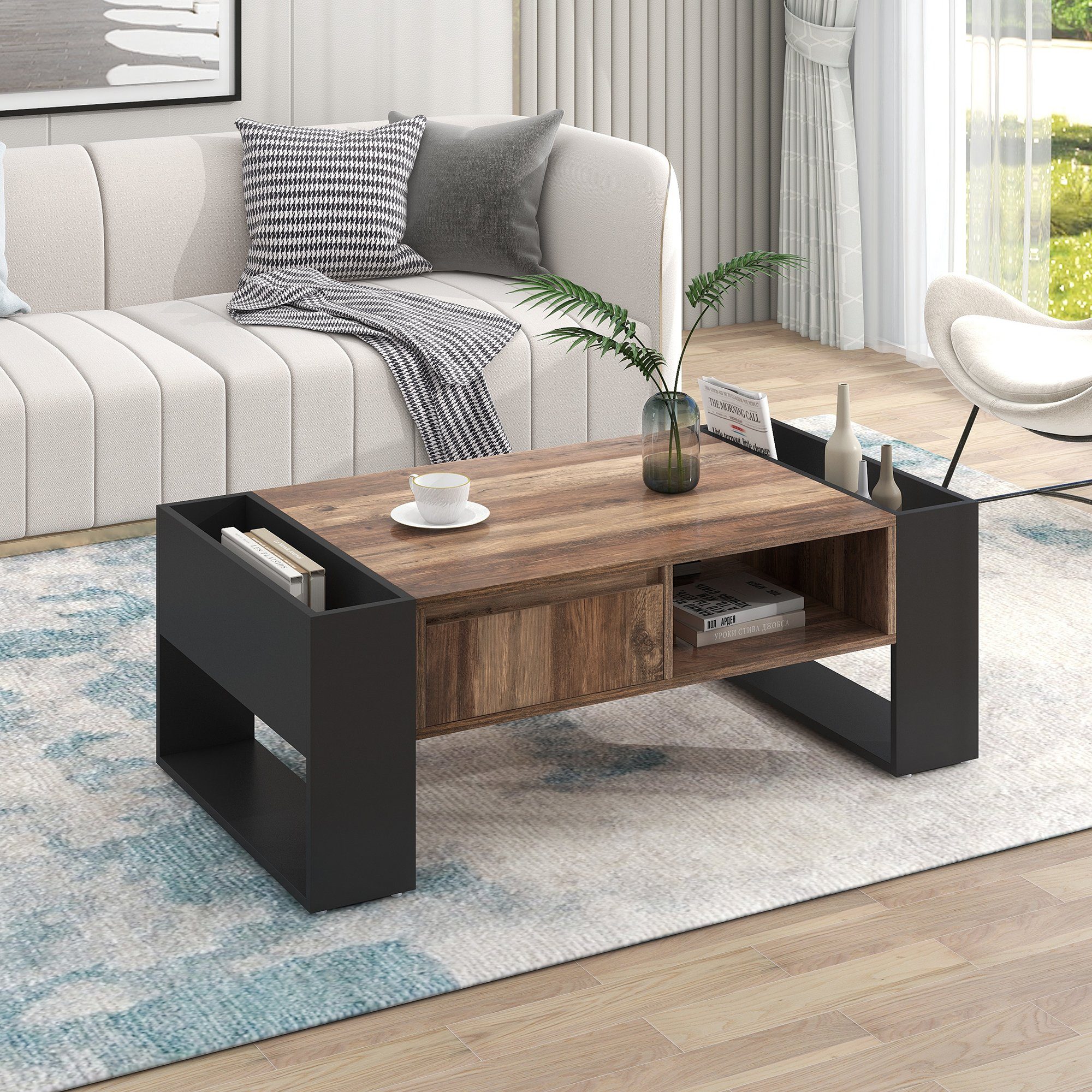 PFCTART Couchtisch Holzmaserun Couchtisch,Heckstaufach, doppelseitiger Stauraum