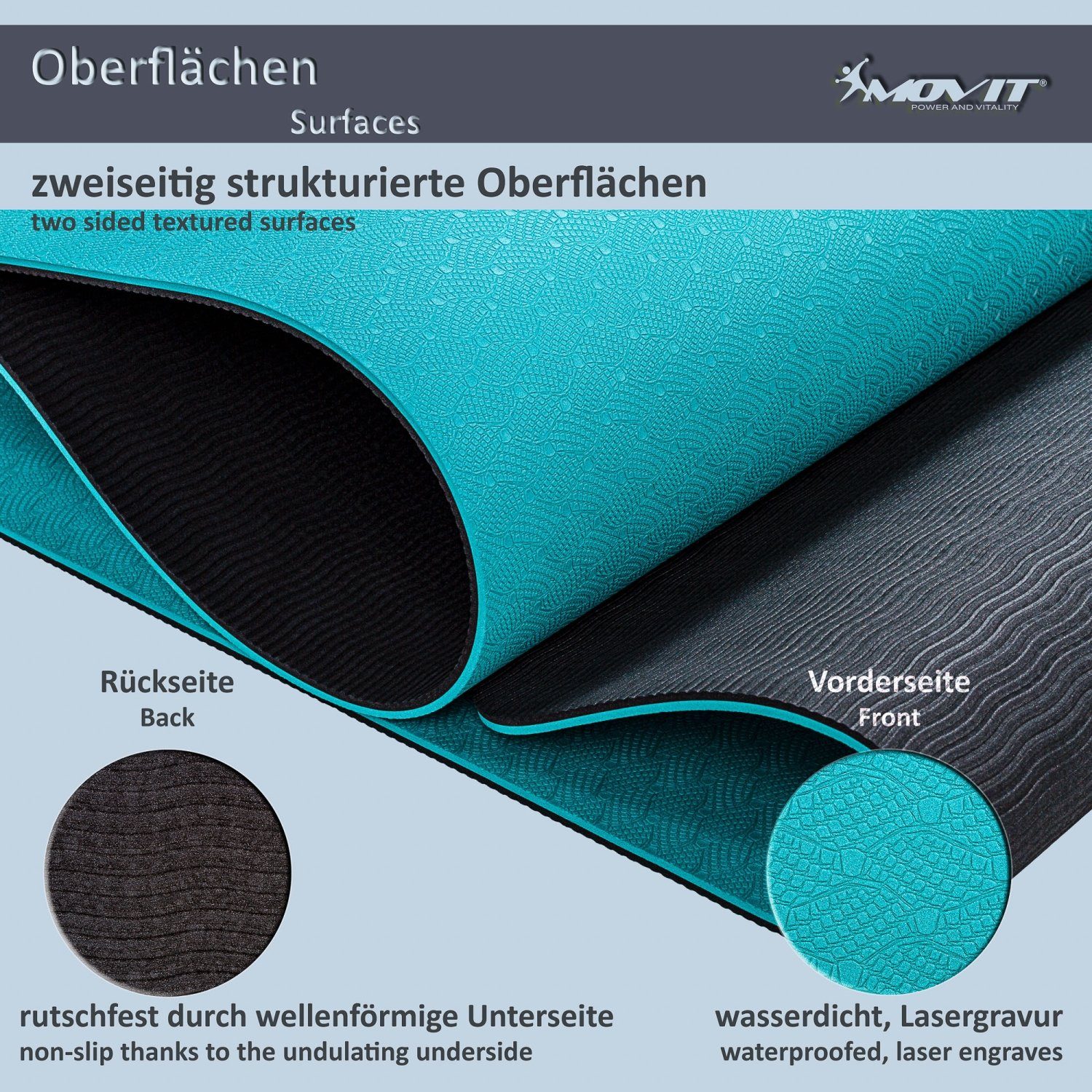 MOVIT Yogamatte Movit® XXL TPE Pilates Gymnastikmatte, Yogamatte (mit Verschlussband), 190x100 oder 190x60 cm, Stärke 0,6cm, Yoga Matte in 12 Farben