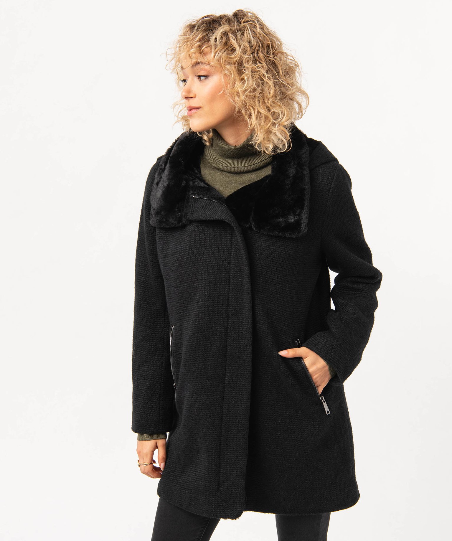 Manteau en maille avec col fourrure imitation femme noir | GEMO