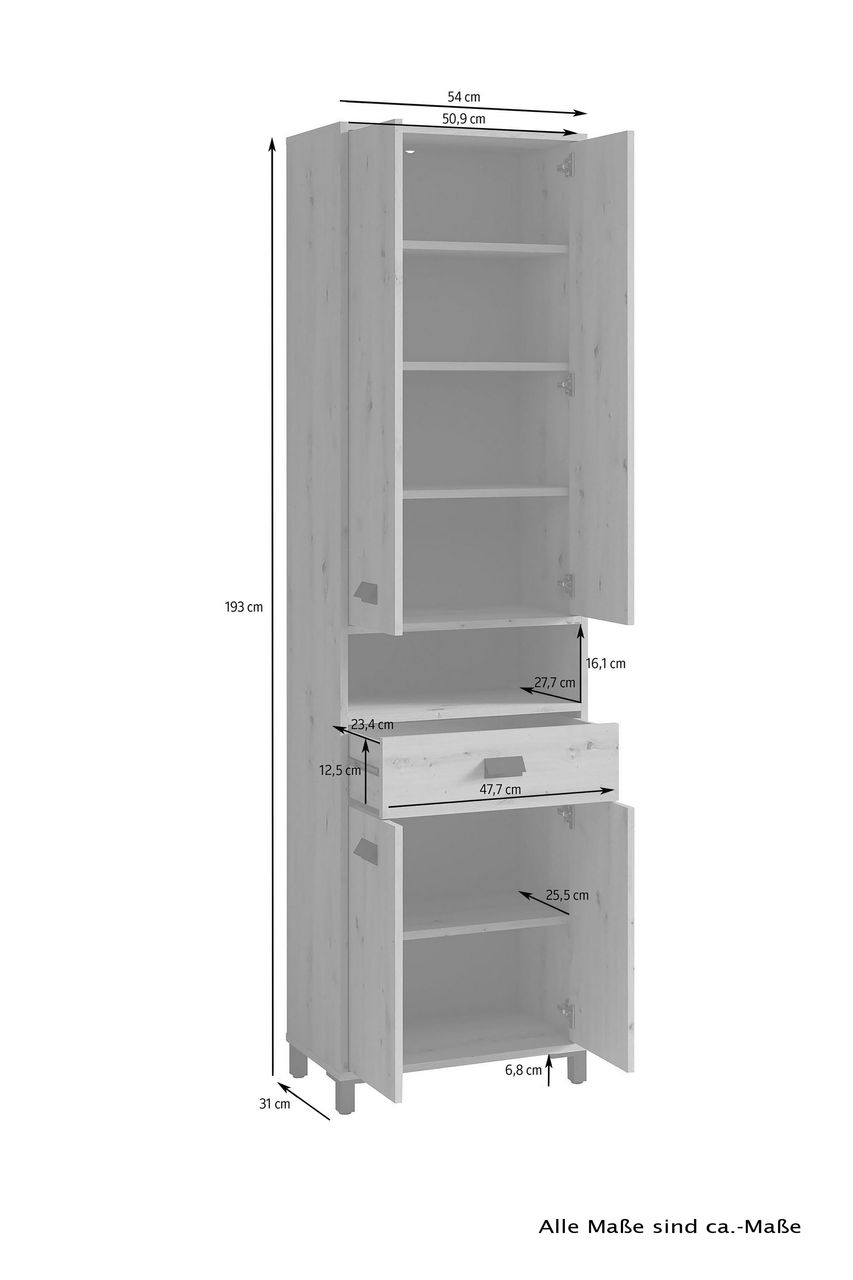 byLiving WELLNESS Hochschrank, Breite 54 cm, Eiche-Optik, Alu/Kunststoff schwarz