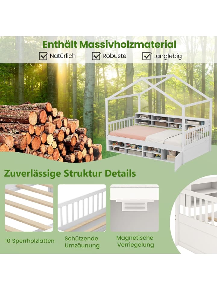 COSTWAY Kinderbett 90x200cm mit Dach & 14 Fächern in Weiß günstig kaufen onesize
