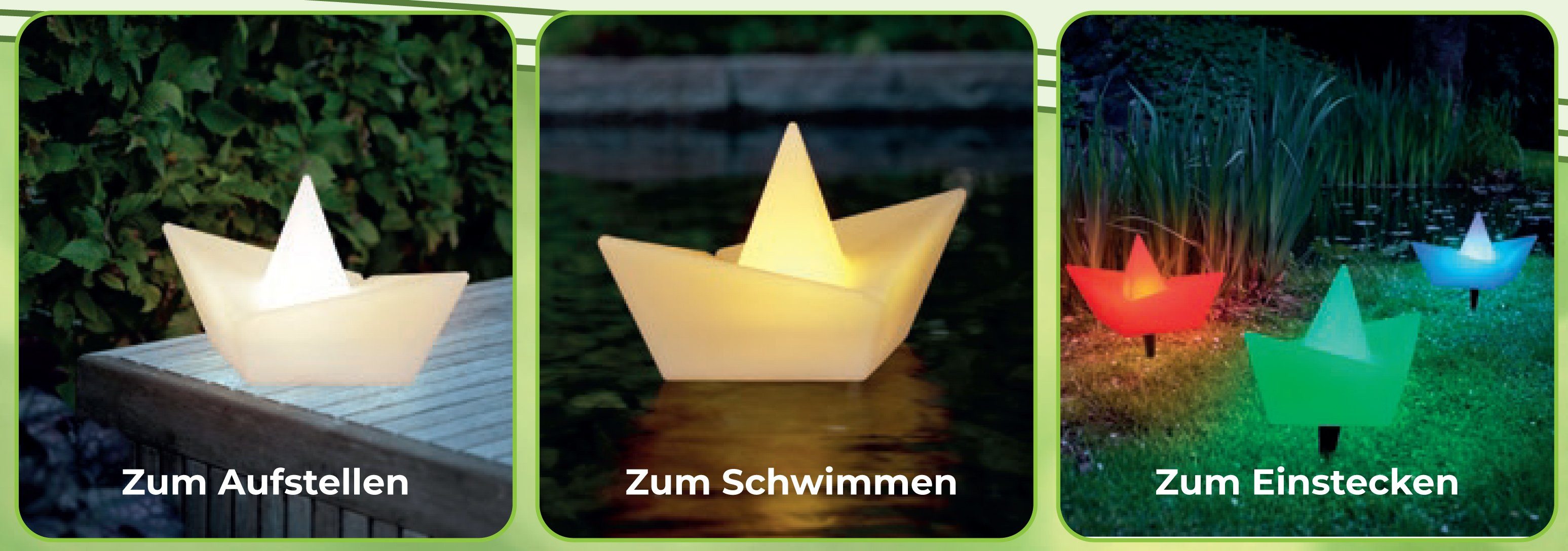 IC Gardenstyle LED Solarleuchte LED Solar Schwimmleuchte Schiffchen im Origami-Stil, LED fest integriert, RGBW (warm-weiß und bunt mit automatischen Farbwechsel), RGBW (warm-weiß und bunt), schwimmfähig, Dämmerungssensor, IP65, inkl. Erdspieß