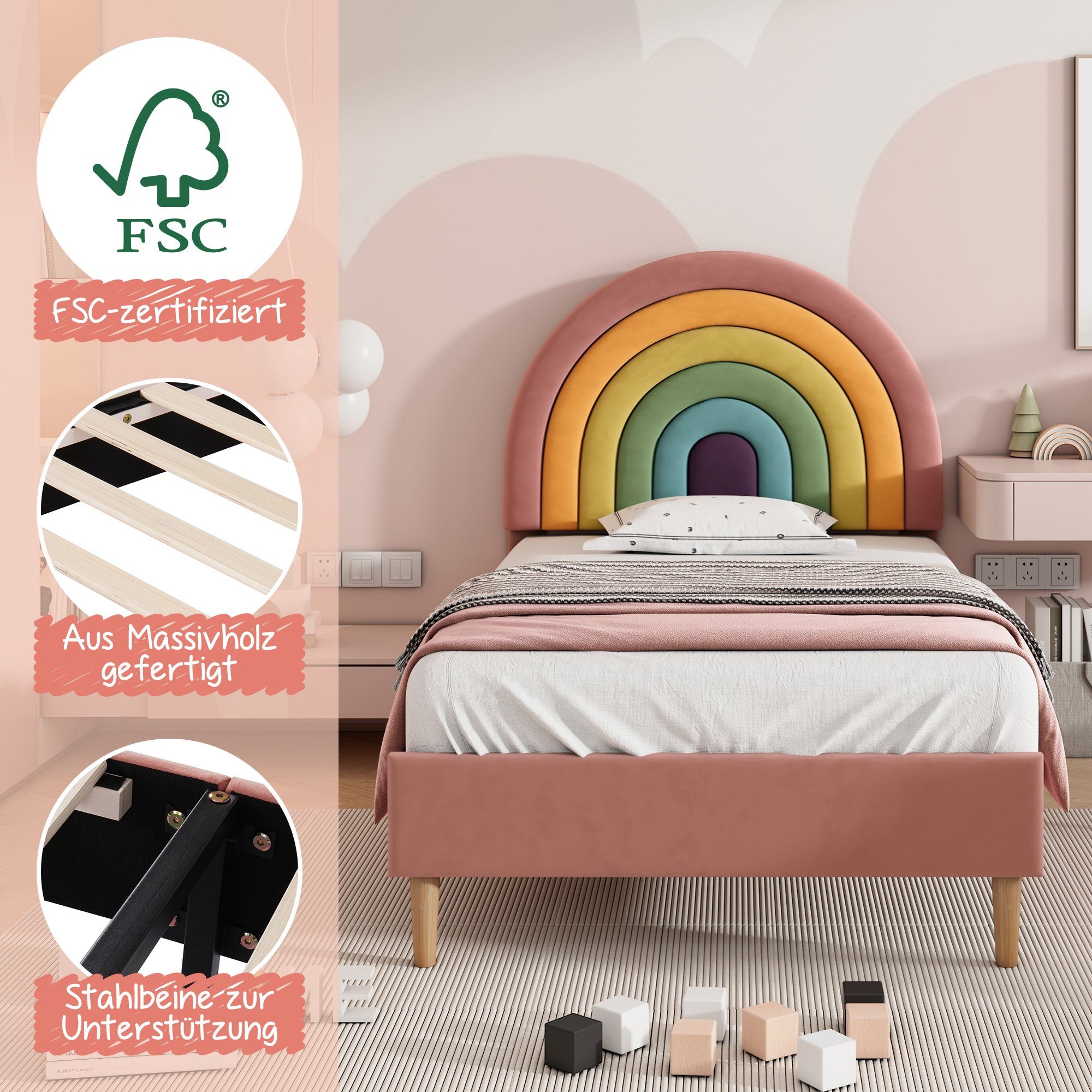 Flieks Polsterbett, Kinderbett mit verstellbarem Regenbogen-Kopfteil 90x200cm Samt
