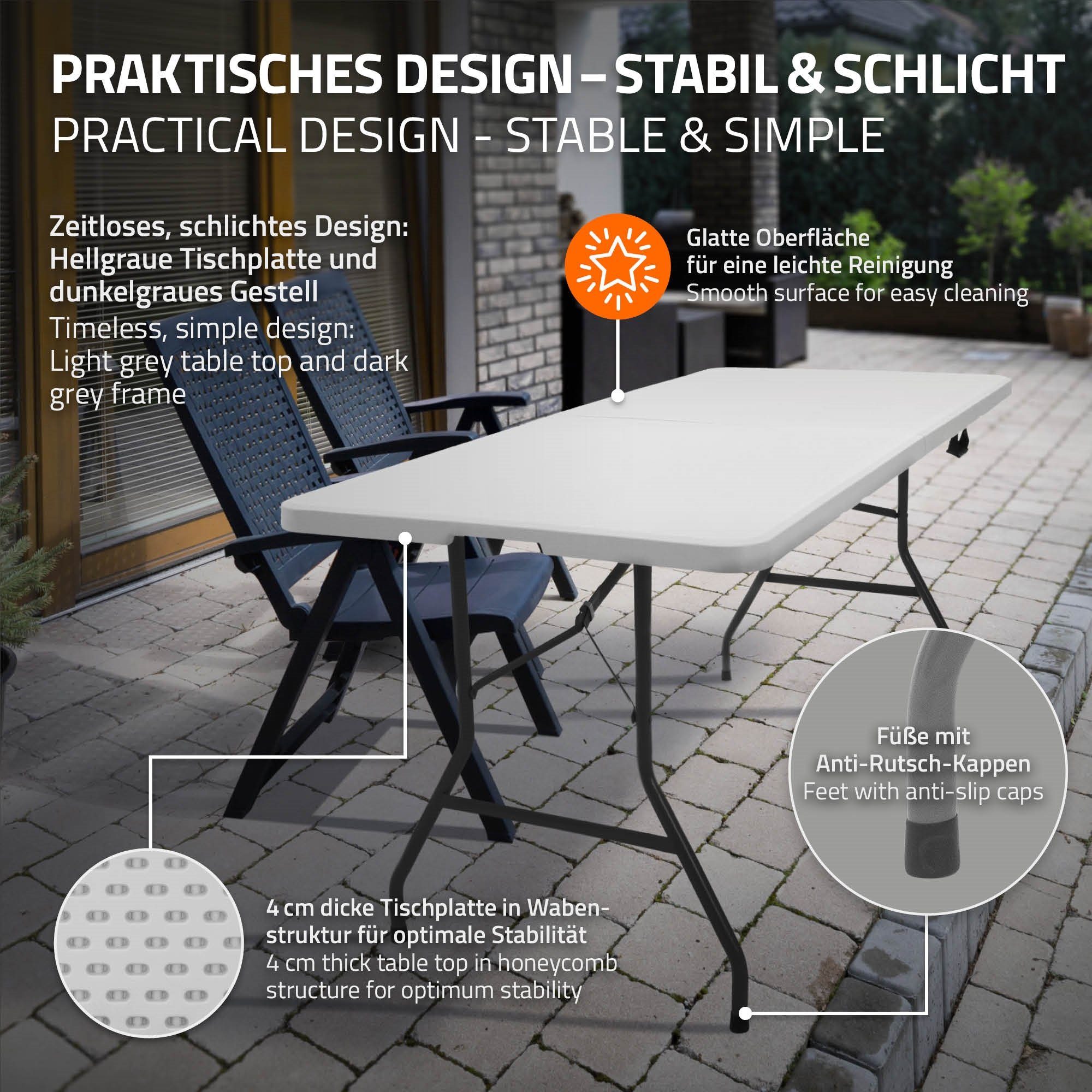 ML-DESIGN Klapptisch Campingtisch Buffettisch Partytisch Koffertisch Flohmarkttisch, Weiß 180x74cm Kunststoff mit Tragegriff für Garten Terrasse Balkon