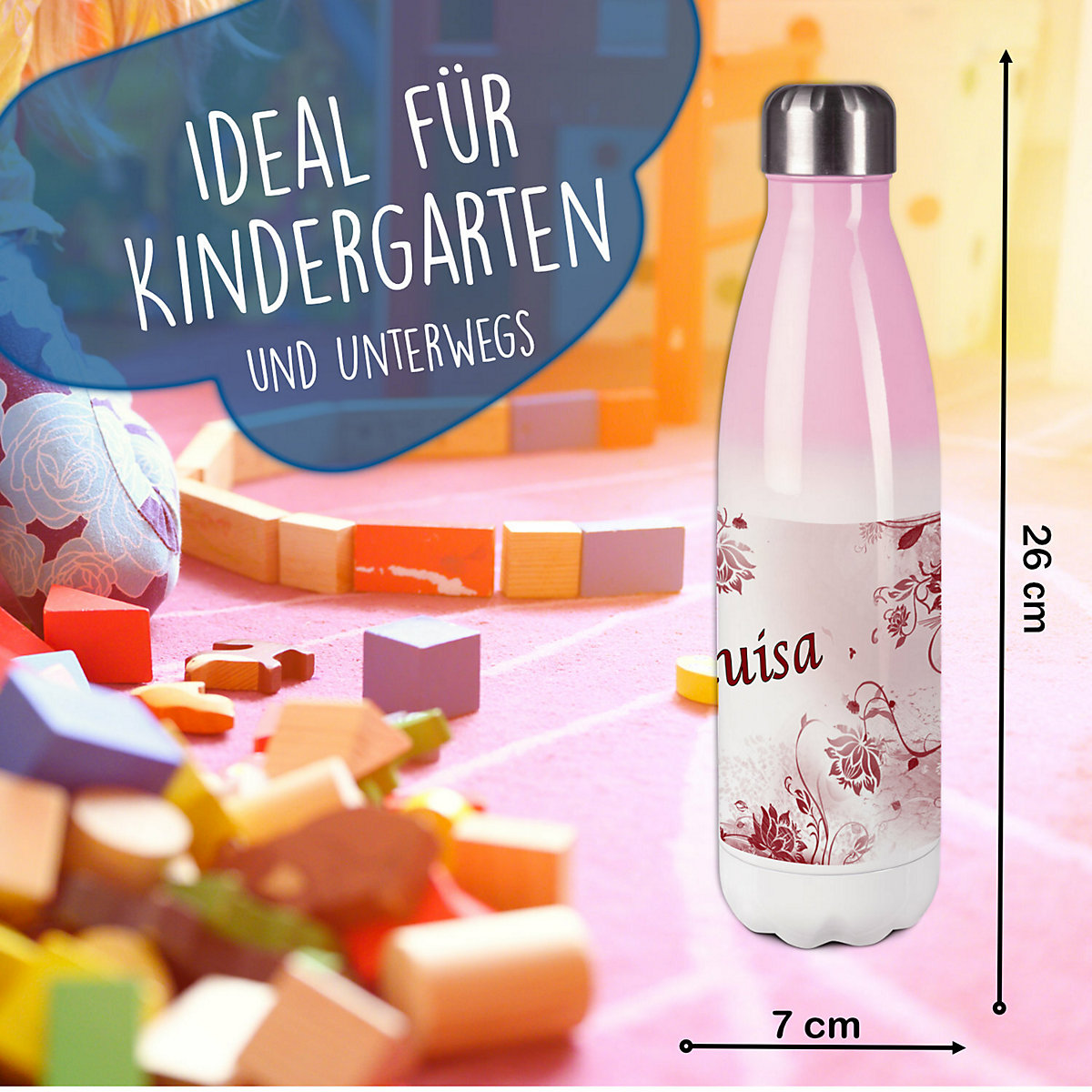 Edelstahl Kinder Thermoflasche / Trinkflasche bunt Blumenranke Farbe rot Spülmaschinenfest, Auslaufsicher, Bruchfest, Doppelwandig, Für Heißgetränke geeignet, Mit Deckel, Isoliert