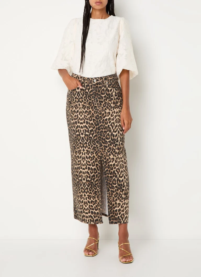 Gonna midi in denim con stampa leopardata Neo Noir Frankie