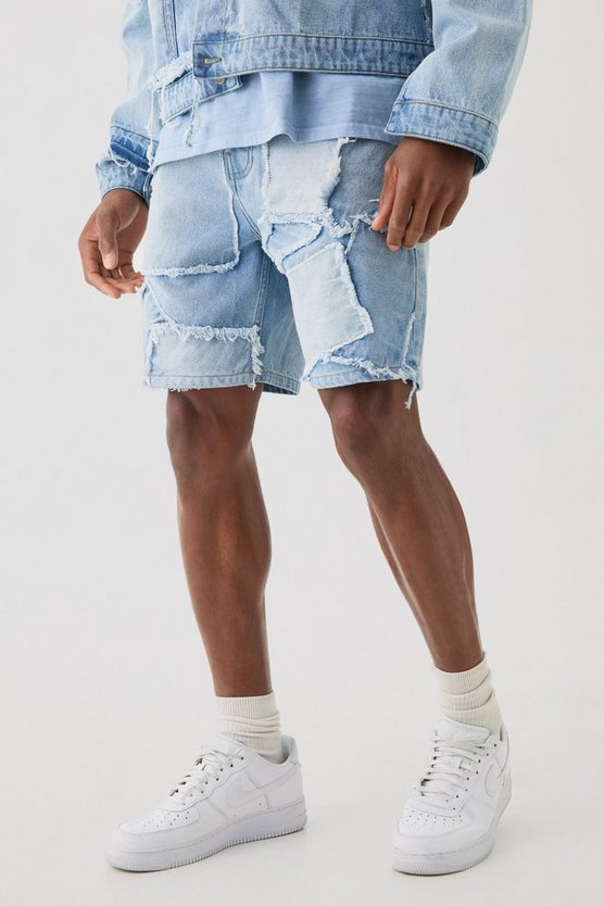 Hellblaue lockere Patchwork Jeansshorts