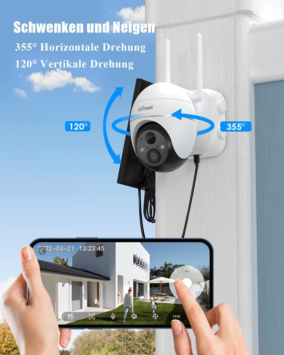 ieGeek 2K Solar WLAN Überwachungskamera Aussen Akku 355°/140° Pan Tilt IP65 Überwachungskamera (AuBenbereich, Outdoor, intelligenten KI-Algorithmus,4x Digitalzoom,Unterstützt Android/IOS und Tablet-Zugriff, Kabellose,20m Farbnachtsicht,PIR Bewegungsm