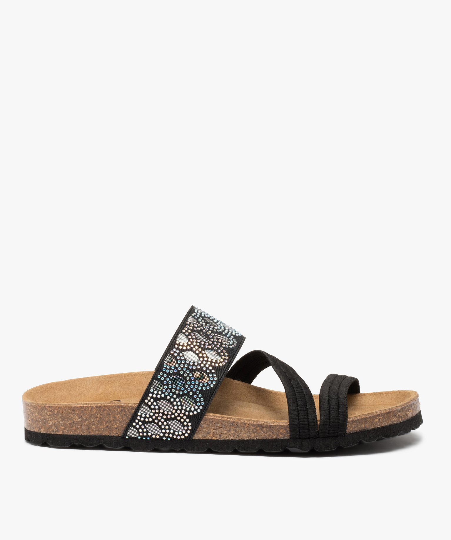 Mules femme à talon plat avec brides élastiques fantaisie noir | GEMO