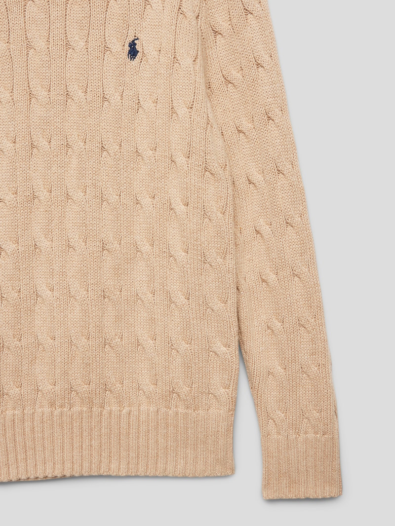 Strickpullover mit Zopfmuster und Logo-Stitching in camel meliert
