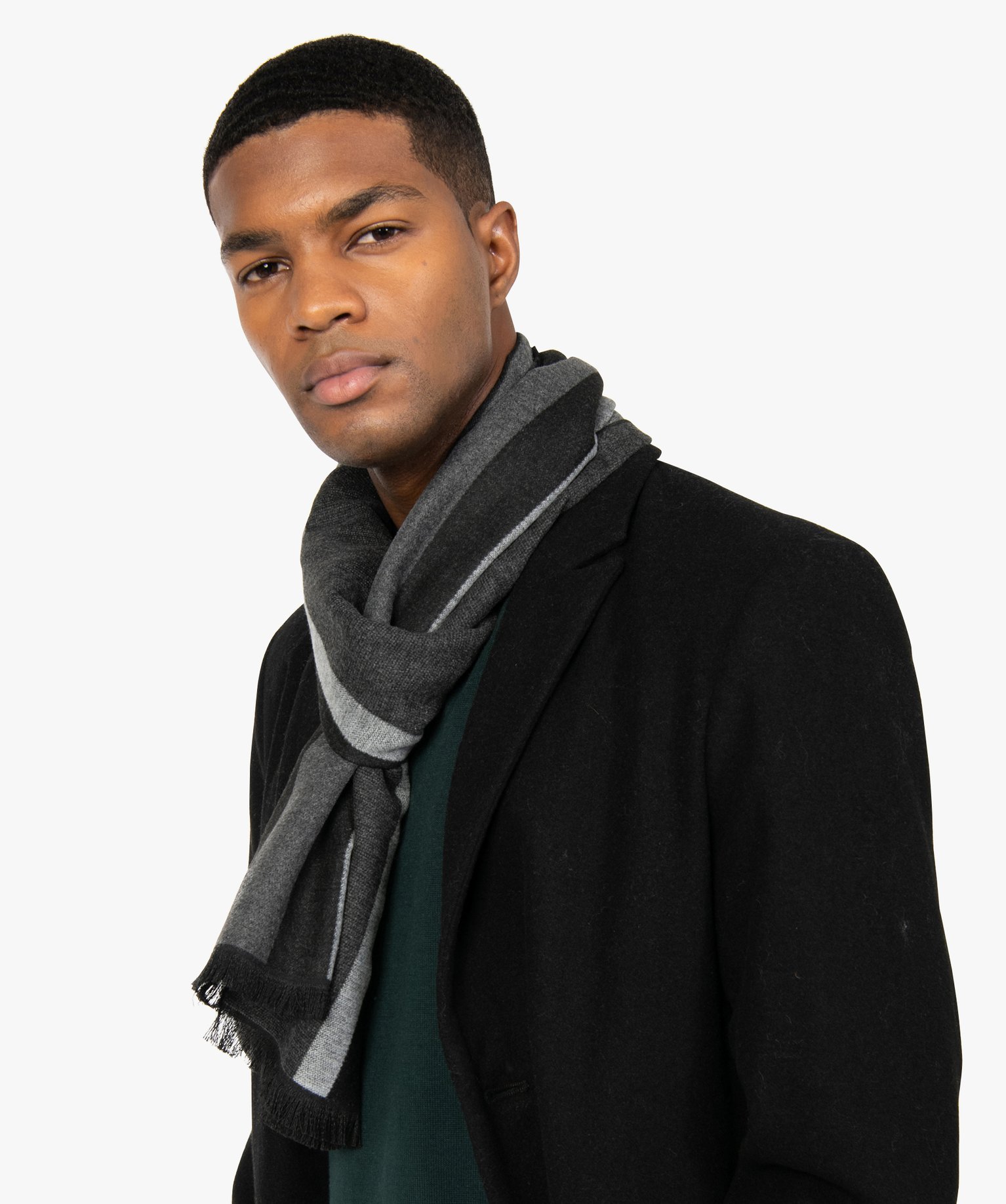 Echarpe homme à rayures et finitions franges gris | GEMO