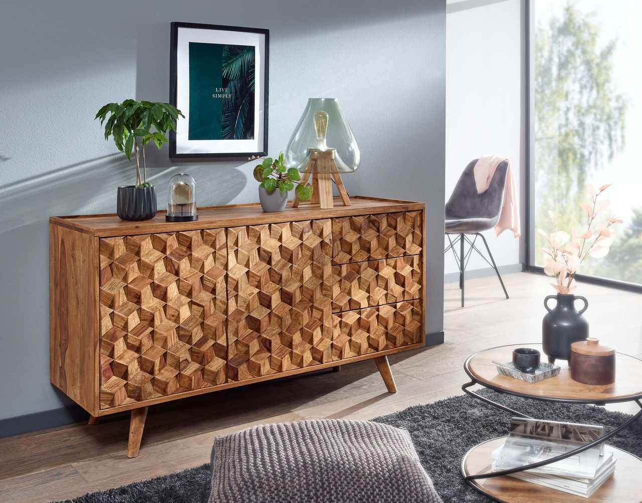 Skyport WOHNLING Sideboard 138x76x45 cm Holz Massiv Kommode Anrichte Modern Standschrank