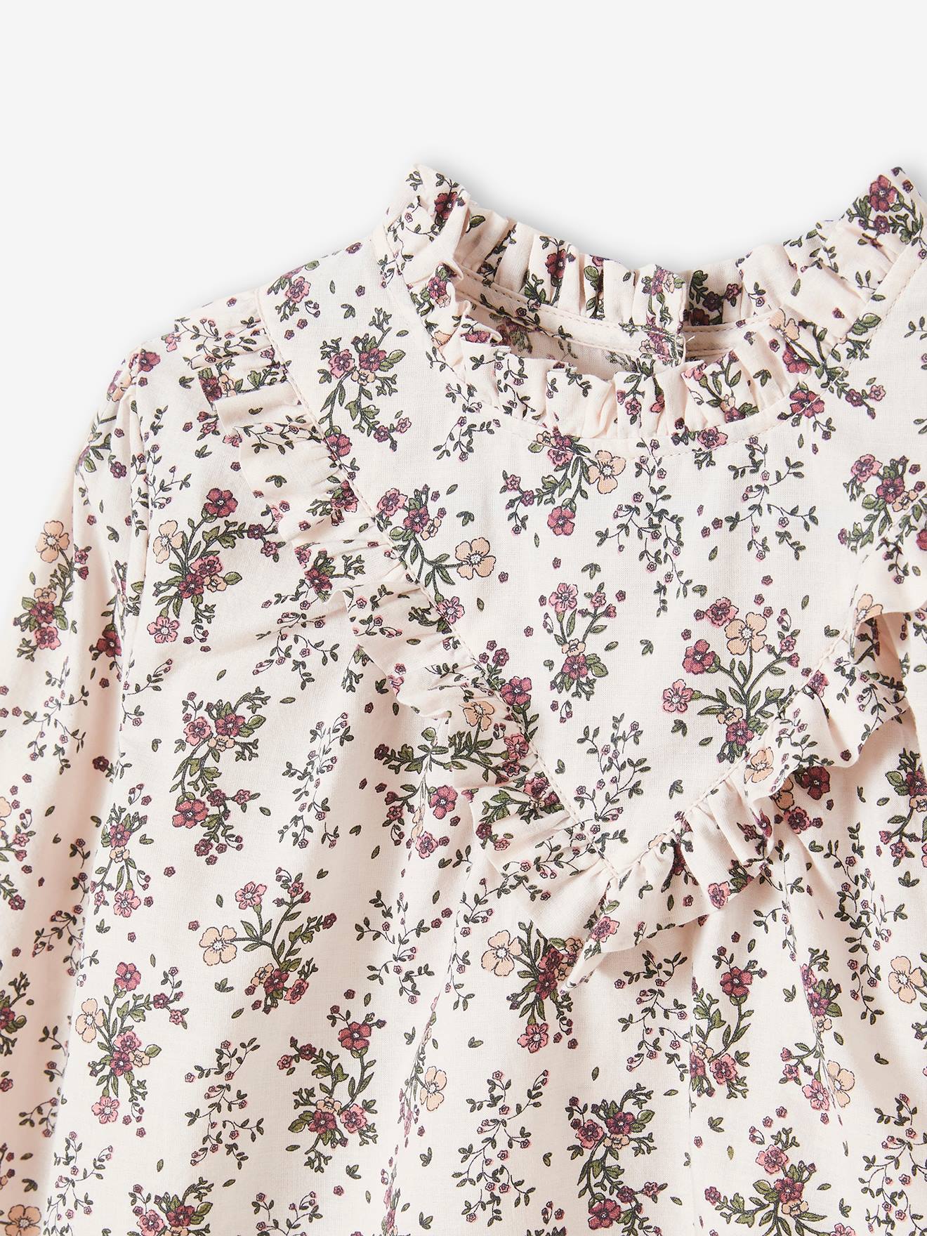 Vertbaudet Mädchen Bluse mit Volantkragen, Blumen - rosa bedruckt