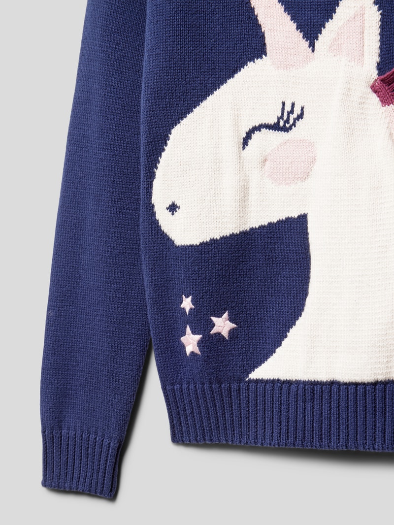 Strickpullover mit Motiv-Stitching in blau
