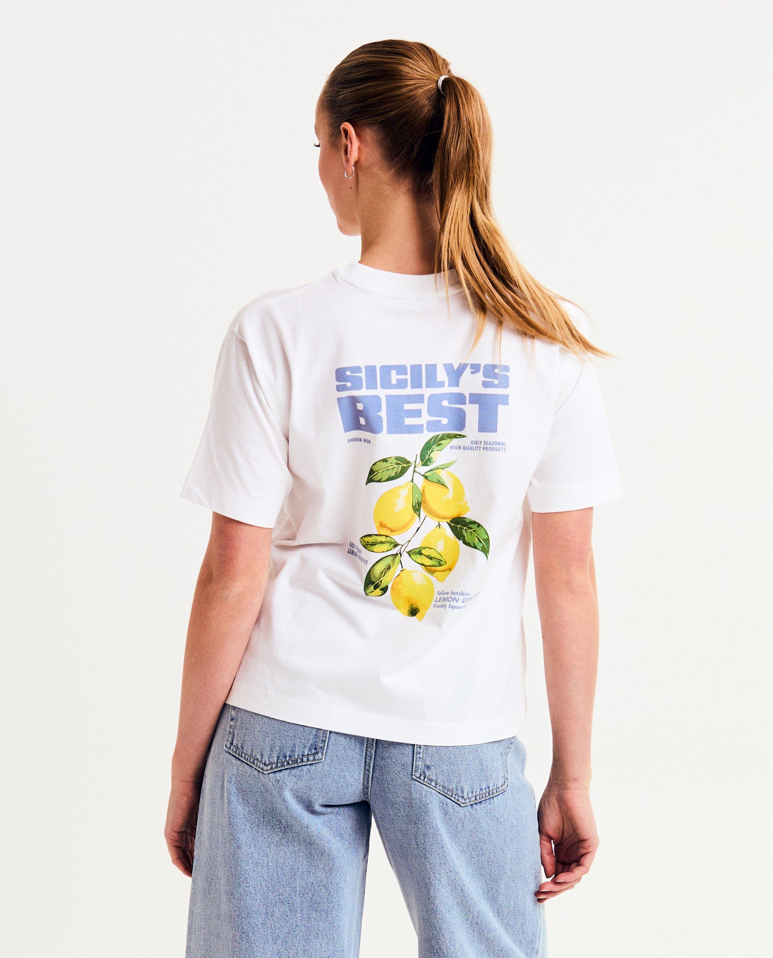 Sora T-shirt med blått tryck på baksidan