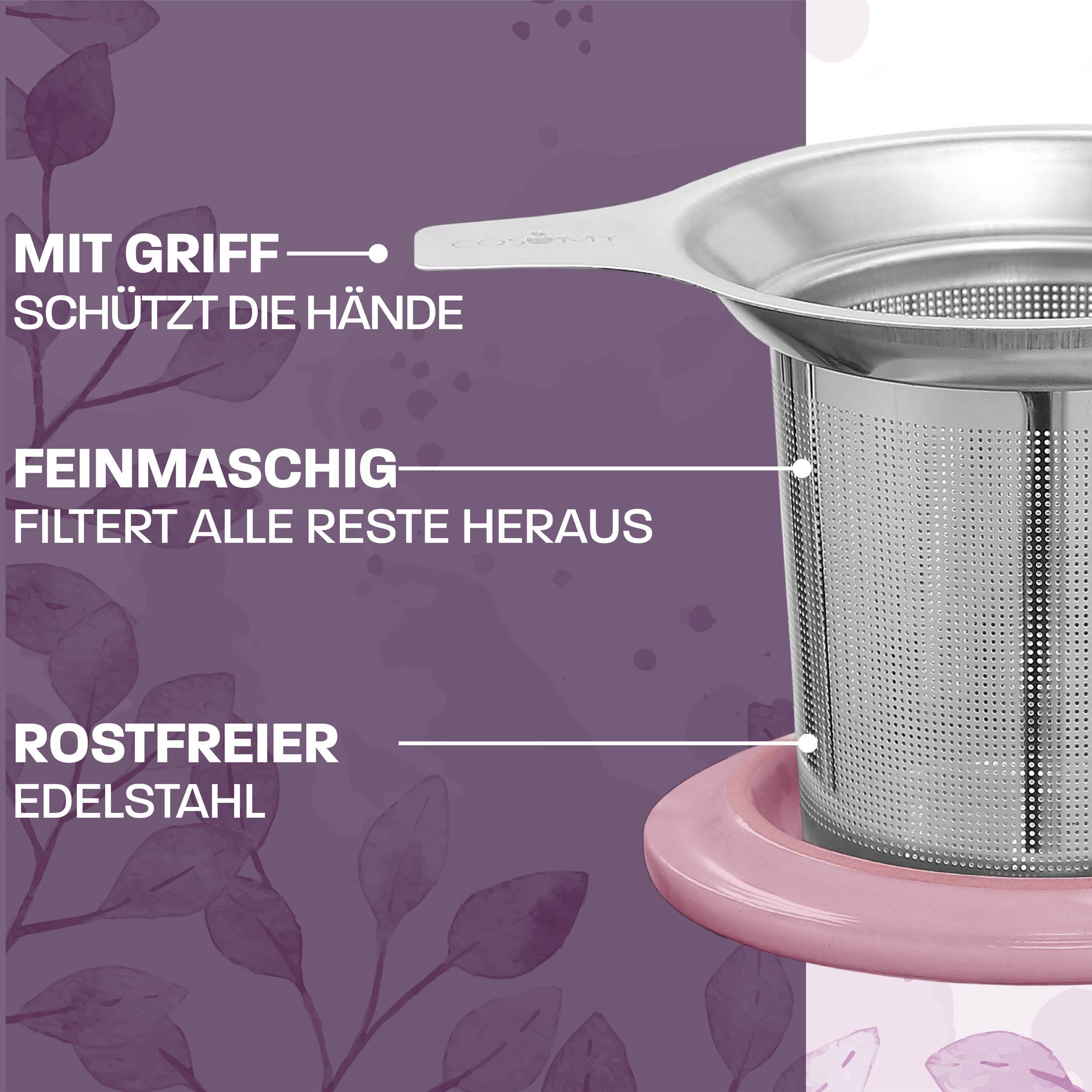 Cosumy Teeglas Teetasse mit Sieb und Deckel 500ml - Jumbotasse, Porzellan, Hält Lange warm - 500 ml XXL Groß - Spülmaschinenfest