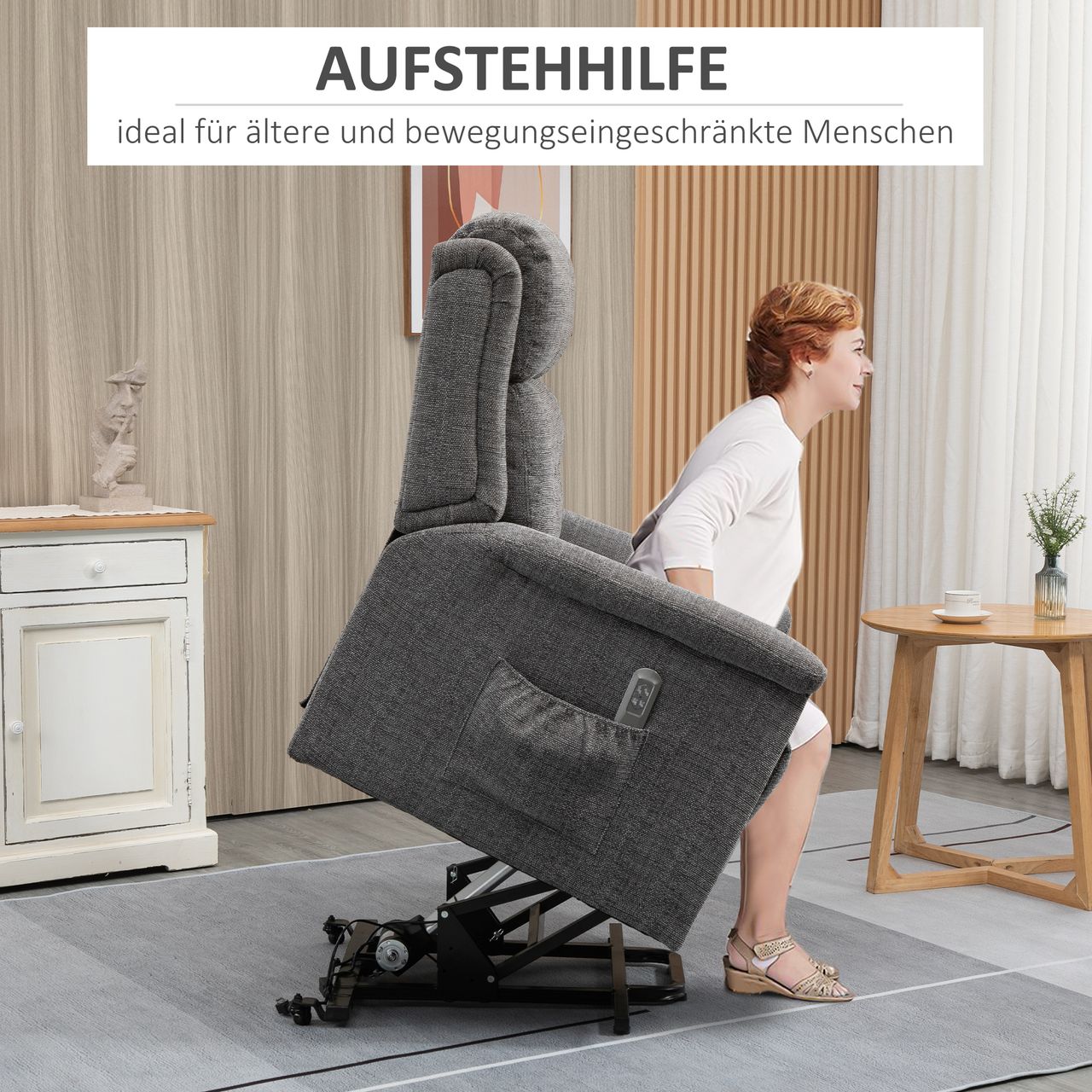 HOMCOM Elektrischer Aufstehsessel mit 2 Motoren Fernsehsessel Relaxsessel mit Liegefunktion Sessel mit Aufstehhilfe Seniorensessel mit Fernsteuerung mit Leinen-Optik Grau 89 x 96 x 108 cm