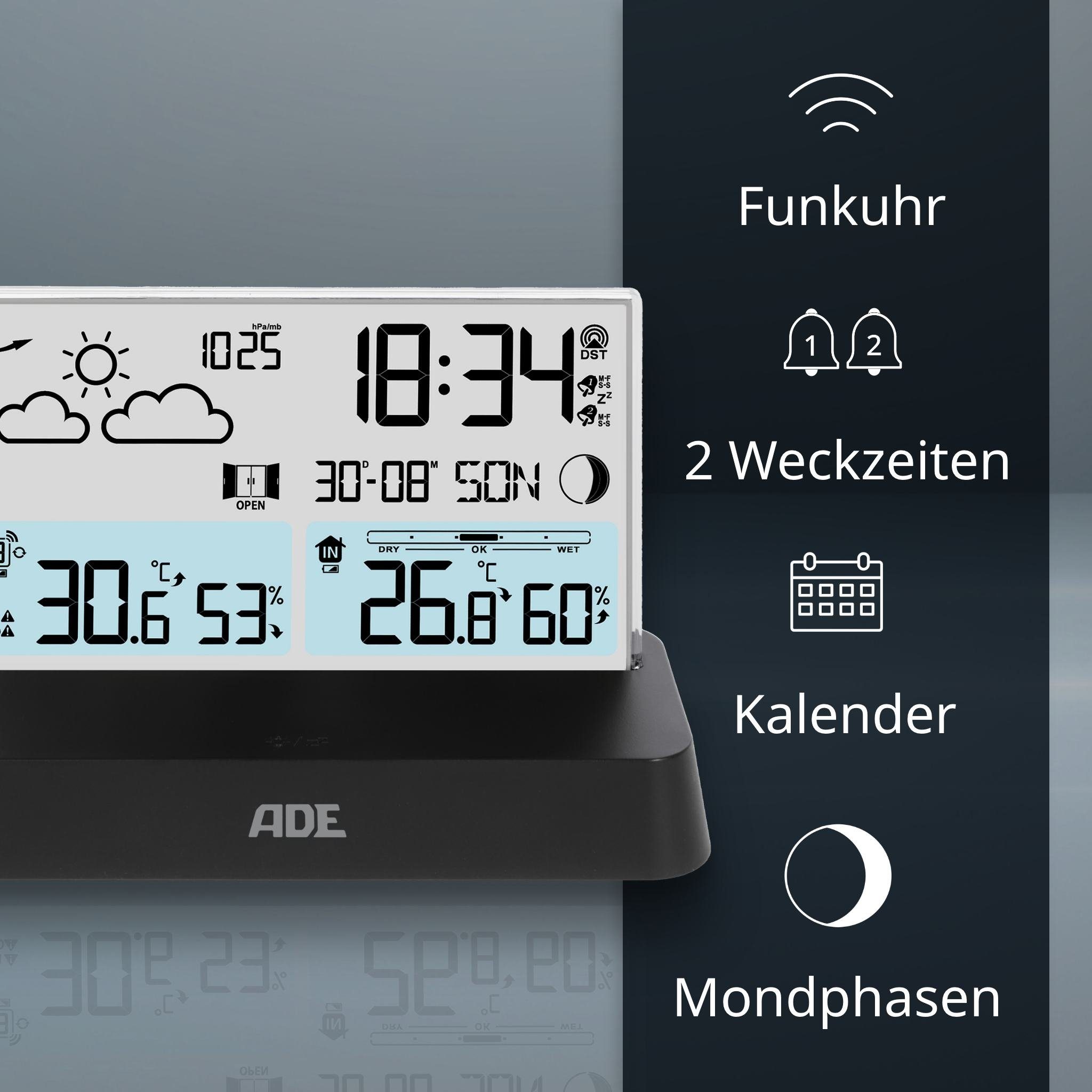 ADE Digitale Wetterstation Funk mit Außensensor Funkwetterstation (mit Vorhersage, Funkwecker, Beleuchtung, auffällige rahmenlose Optik)