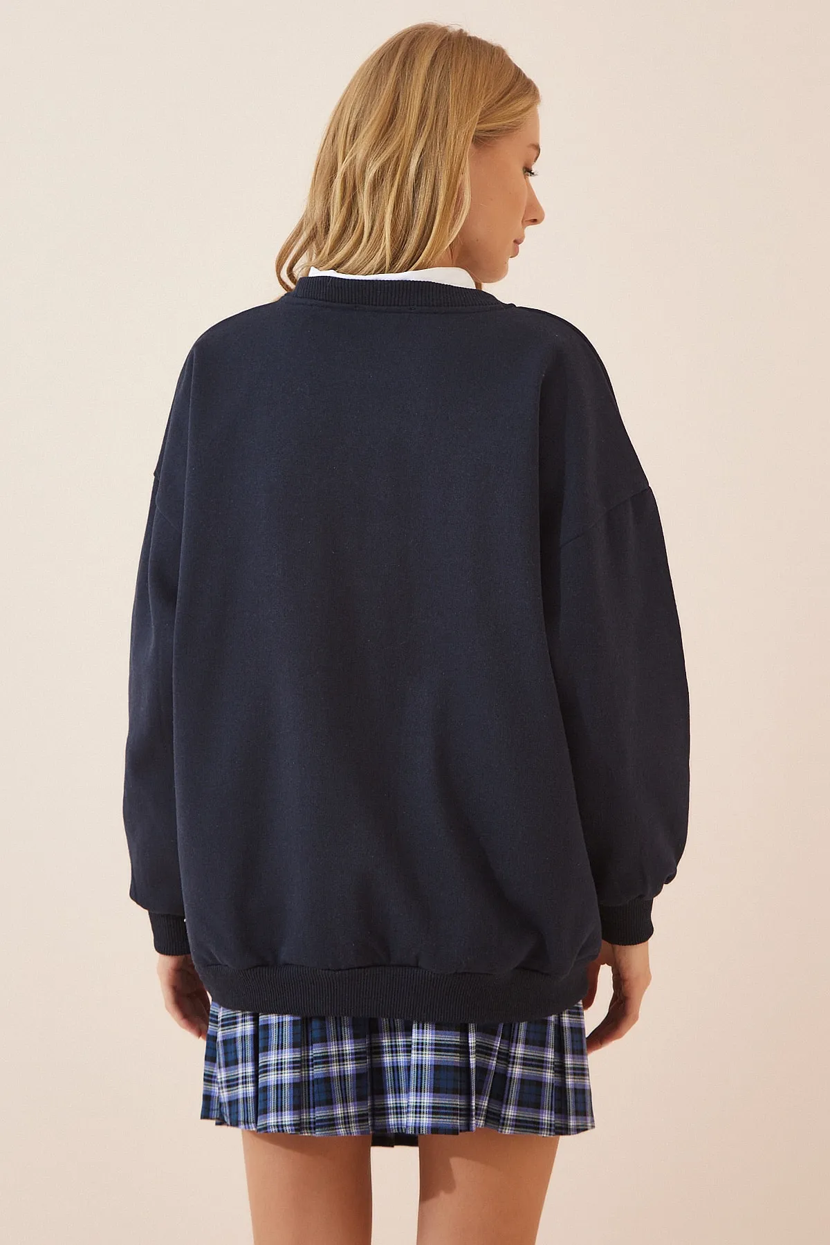 Happiness İstanbul  Marineblaues, bedrucktes Strick-Sweatshirt mit Reliefmuster für Damen DZ00064