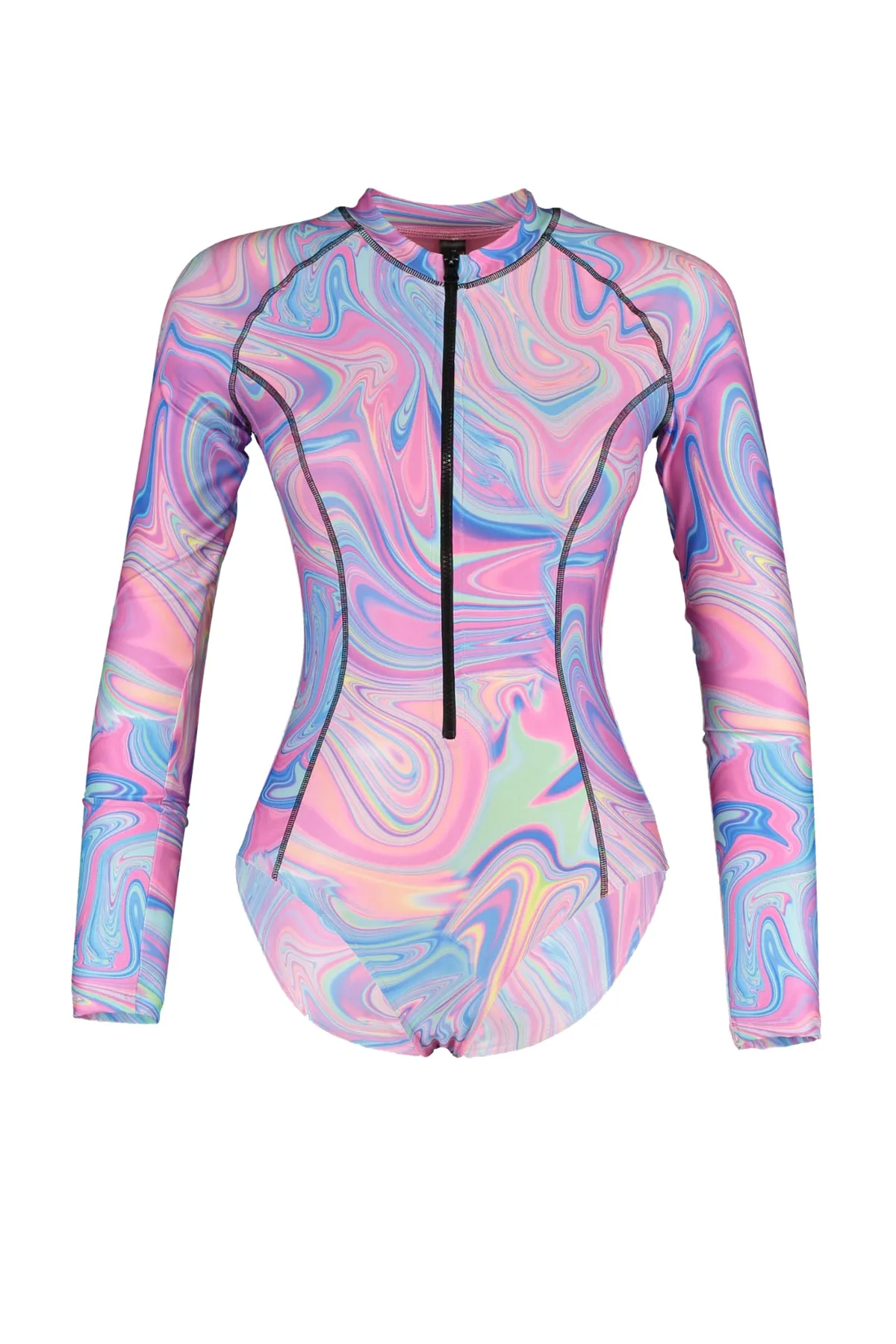 Trendyol Collection  Langärmliger Hipster-Surf-Badeanzug mit abstraktem Muster und Reißverschluss TBESS21MA0034