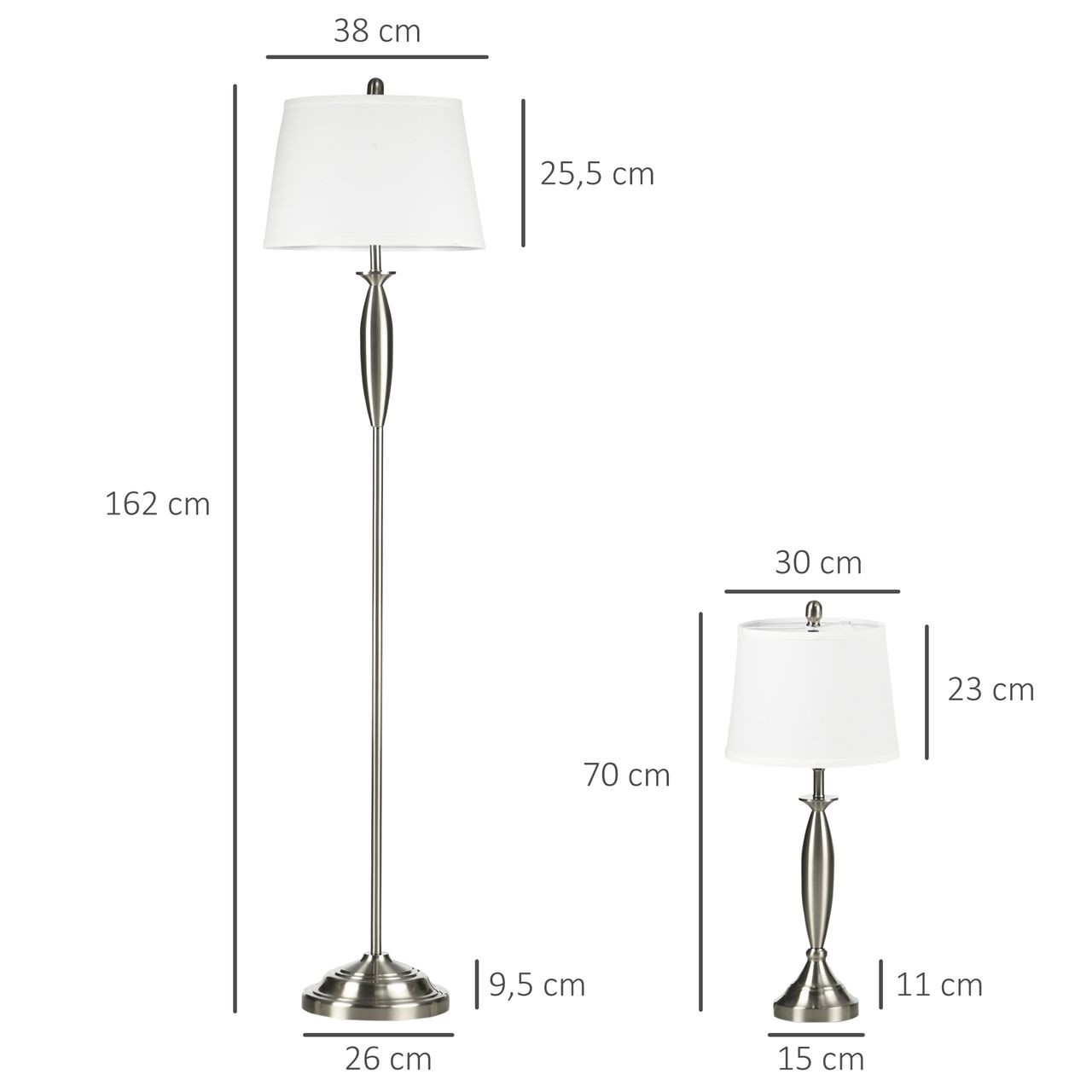 HOMCOM 3-teiliges Leuchten-Set inkl.1 Stehleuchte, 2 Tischleuchte, Silber Weiß