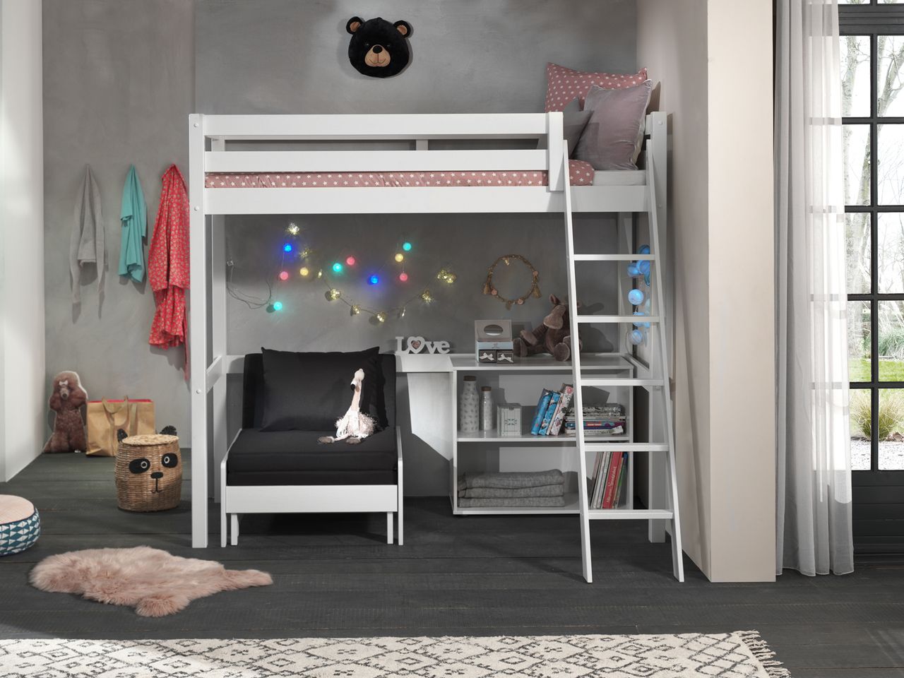 VIPACK Hochbett mit Liegefläche 90 x 200 cm inkl. Sesselbett und Regal mit zwei Fächern