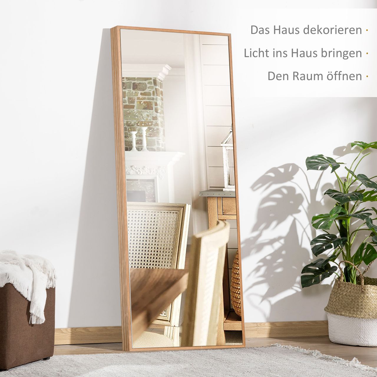 HOMCOM Wandspiegel Garderobenspiegel 125 x 45cm Flurspiegel mit Holzrahmen Natur