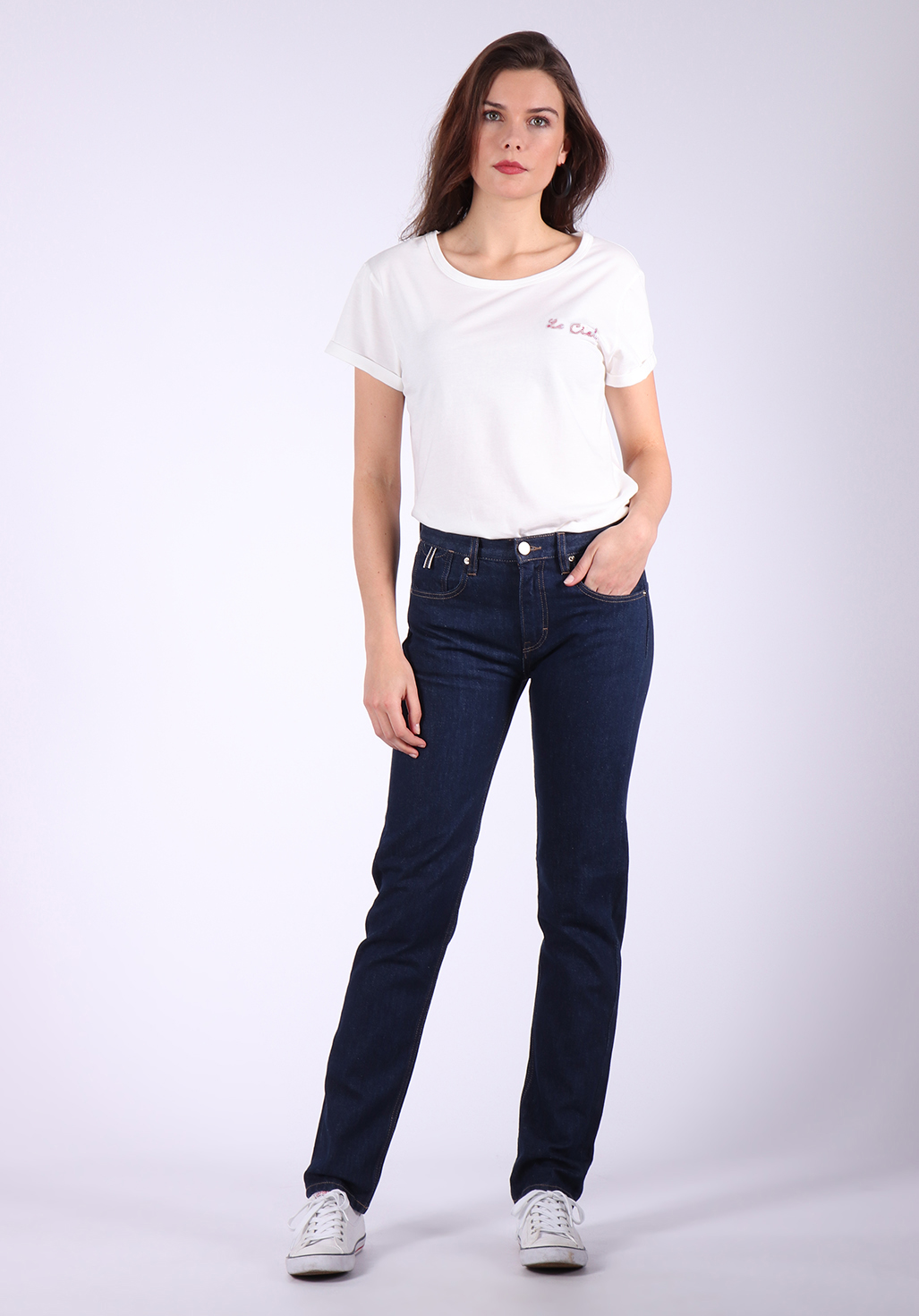 JULIA  T-shirt Jean de Nîmes blanc en jersey 100% coton, confectionné et produit en France, à Barentin, Normandie.