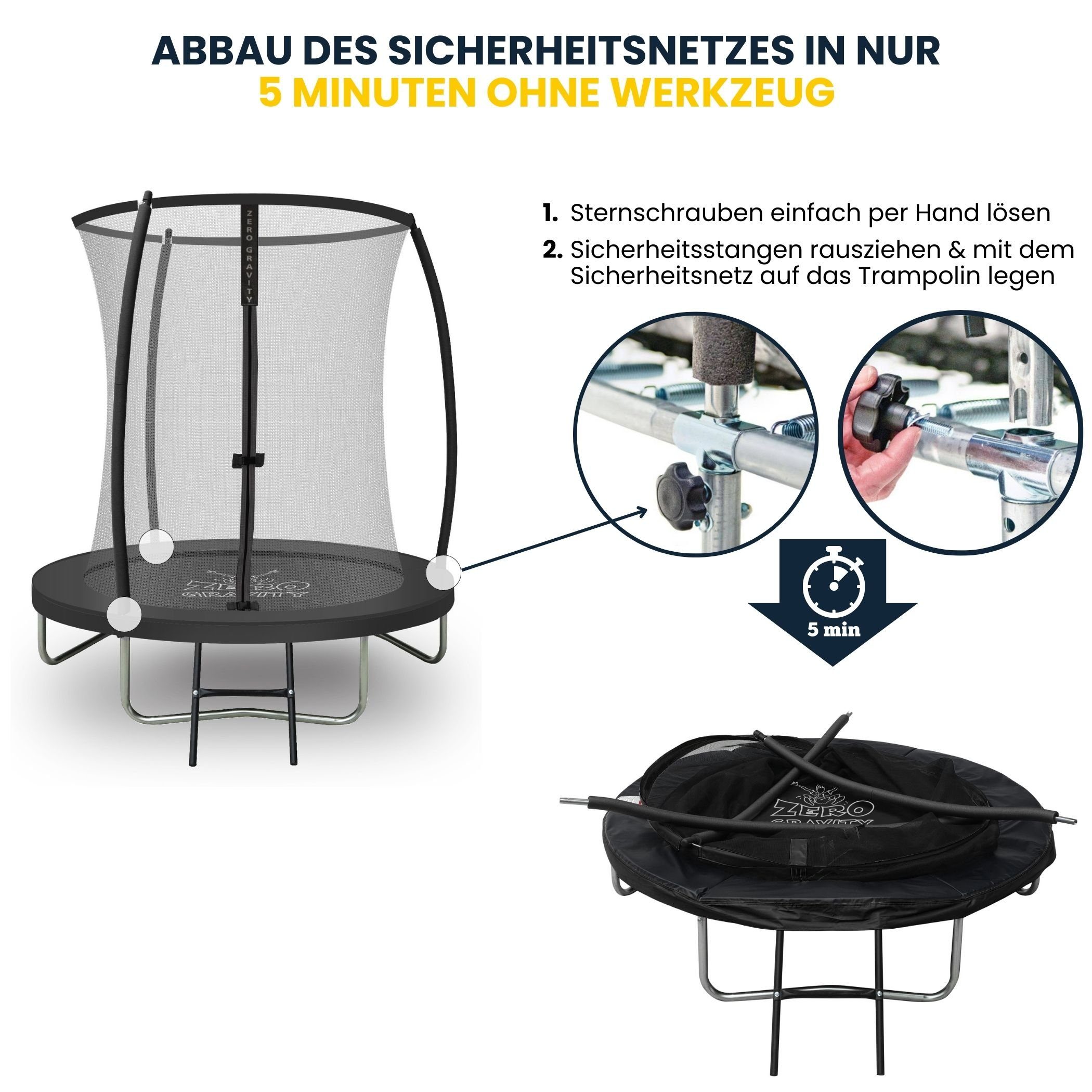 Zero Gravity Gartentrampolin Ø183/244/305/366/427 cm, Leiter & Sicherheitsnetz, TÜV cert, Trampolin