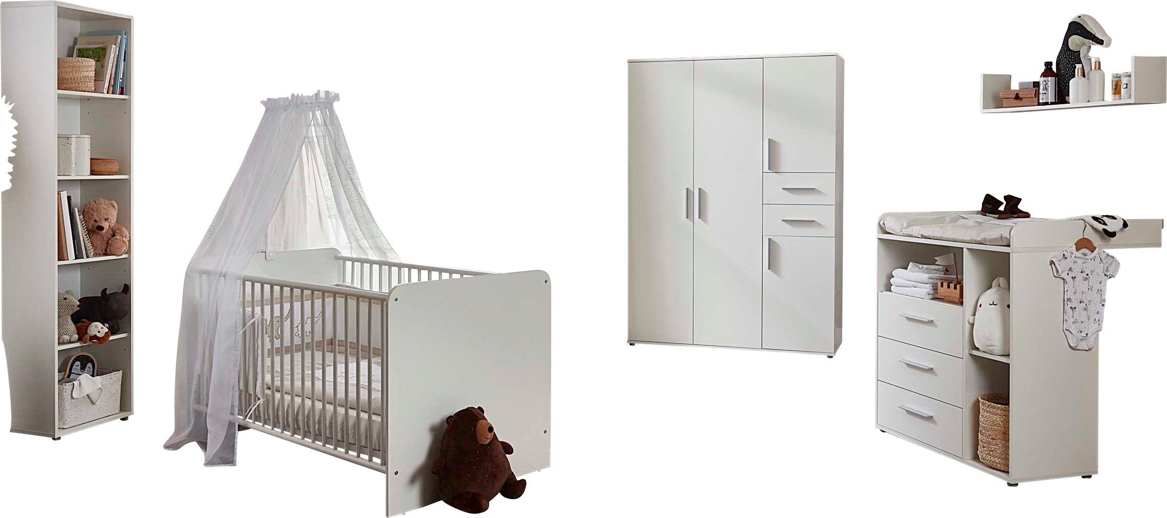 BMG Möbel Babyzimmer-Komplettset Lea, (Set, 5-St., Bett, Wickelkommode, Schrank, Standregal, Wandboard), Bett + Wickelkommode + 4-trg. Schrank + Standregal + Wandboard