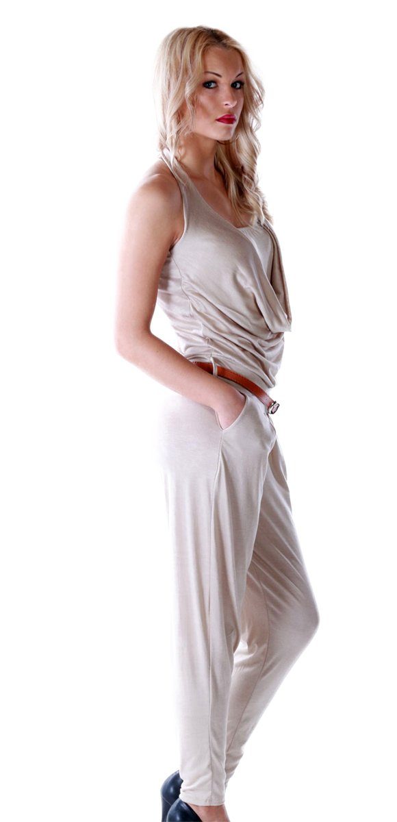 Charis Moda Overall Neckholder Jumpsuit mit Ziergürtel