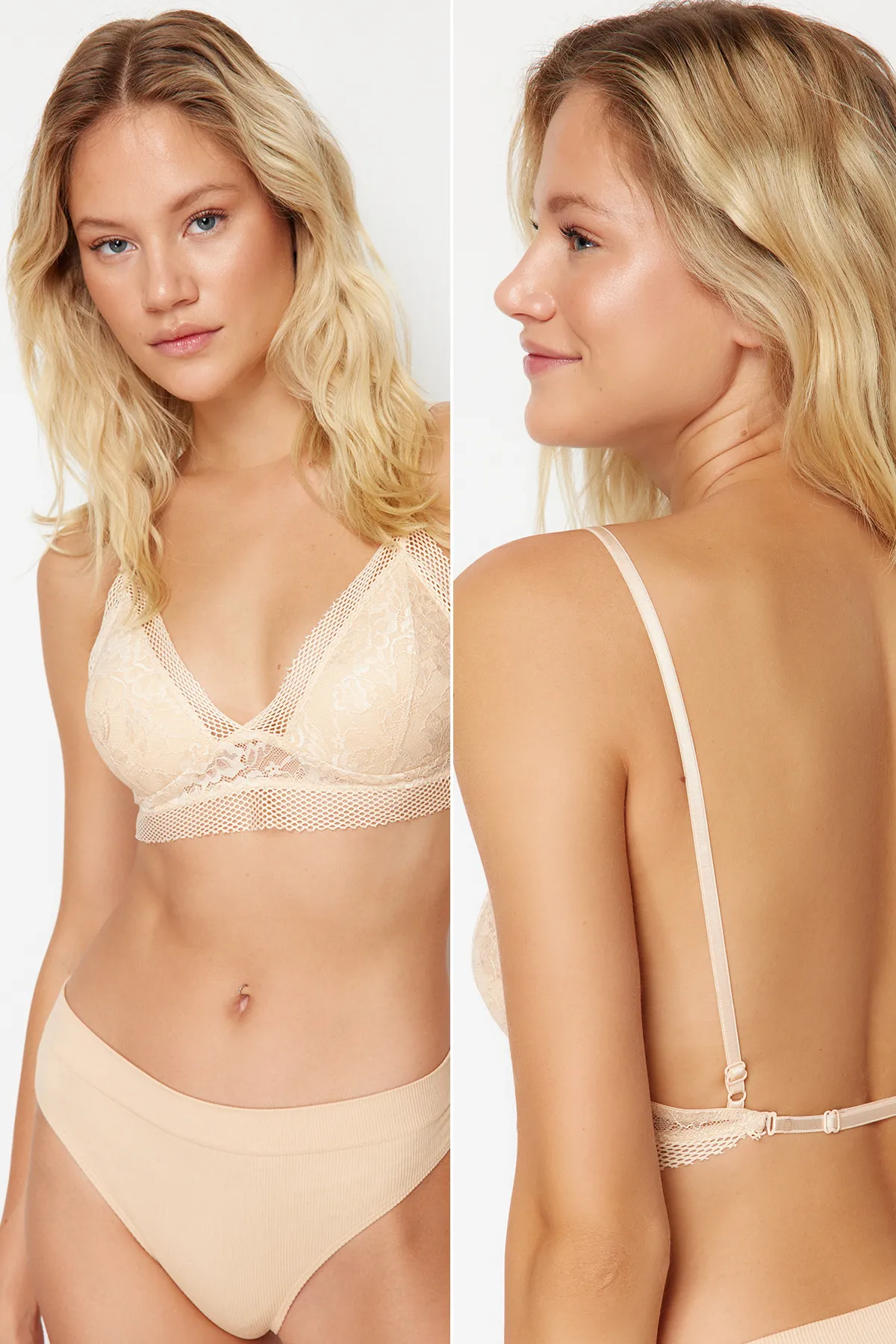 Trendyol Collection  Hautfarbener, tief ausgeschnittener Bustier-BH aus Strick mit Spitzen-Netzdetail und Seilträgern THMSS24SU00046