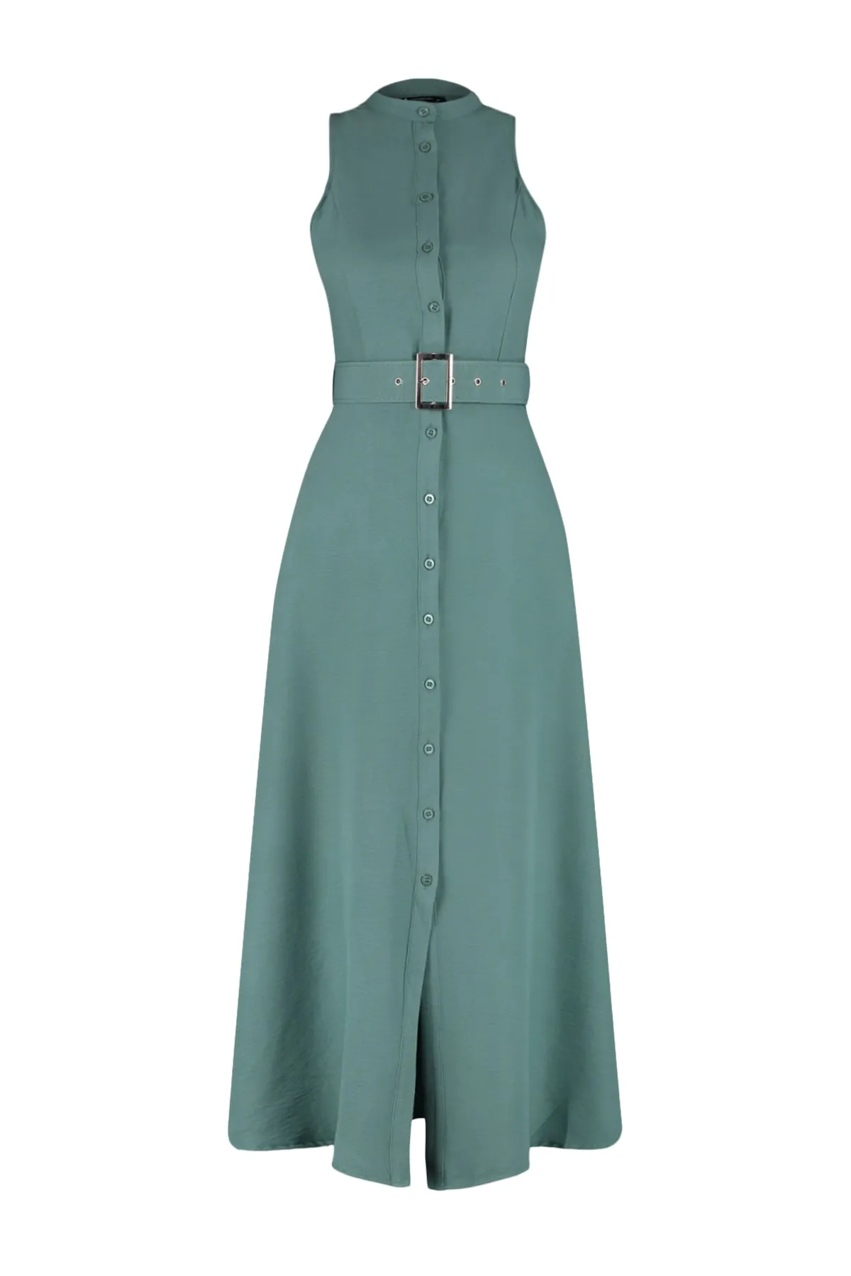 Trendyol Collection  Mintfarbenes, gewebtes Midi-Hemdkleid mit Gürtel TWOSS23EL01628